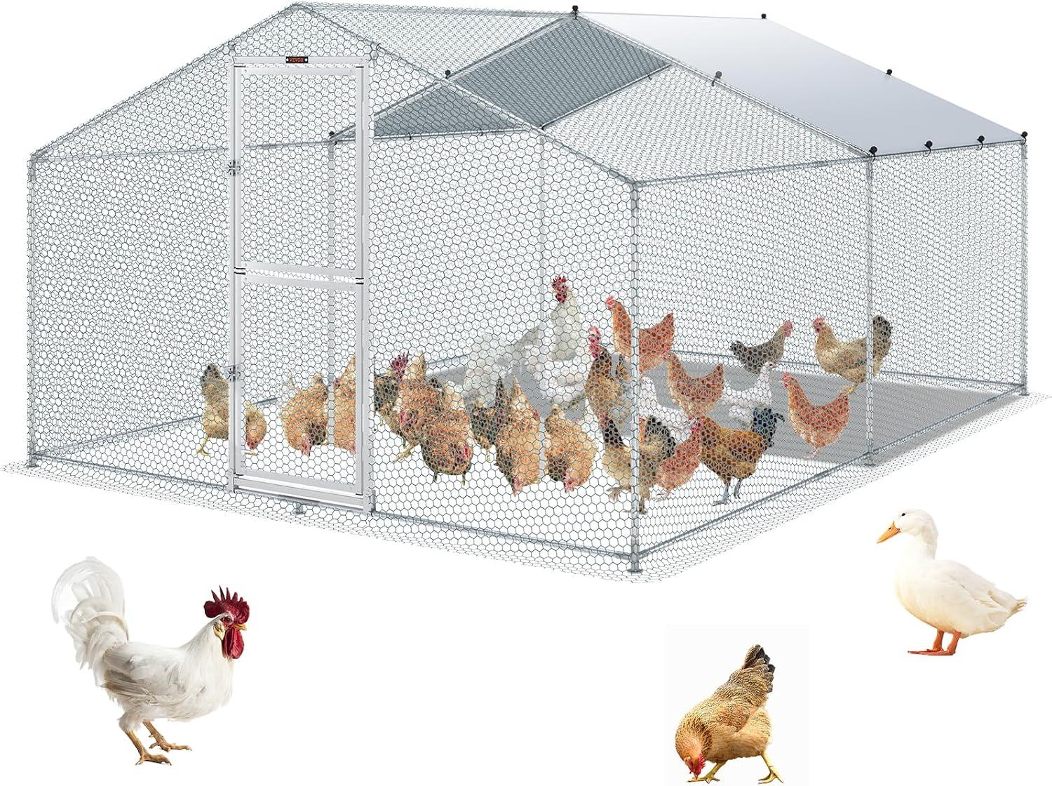 imageVEVOR Large Metal Chicken Coop with Run Walkin Chicken Coop for Yard with Waterproof Cover 65 x 98 x 65 ft Spire Roof Large Poultry Cage for Hen House Duck Coop and Rabbit RunSpire Roof with Split Door