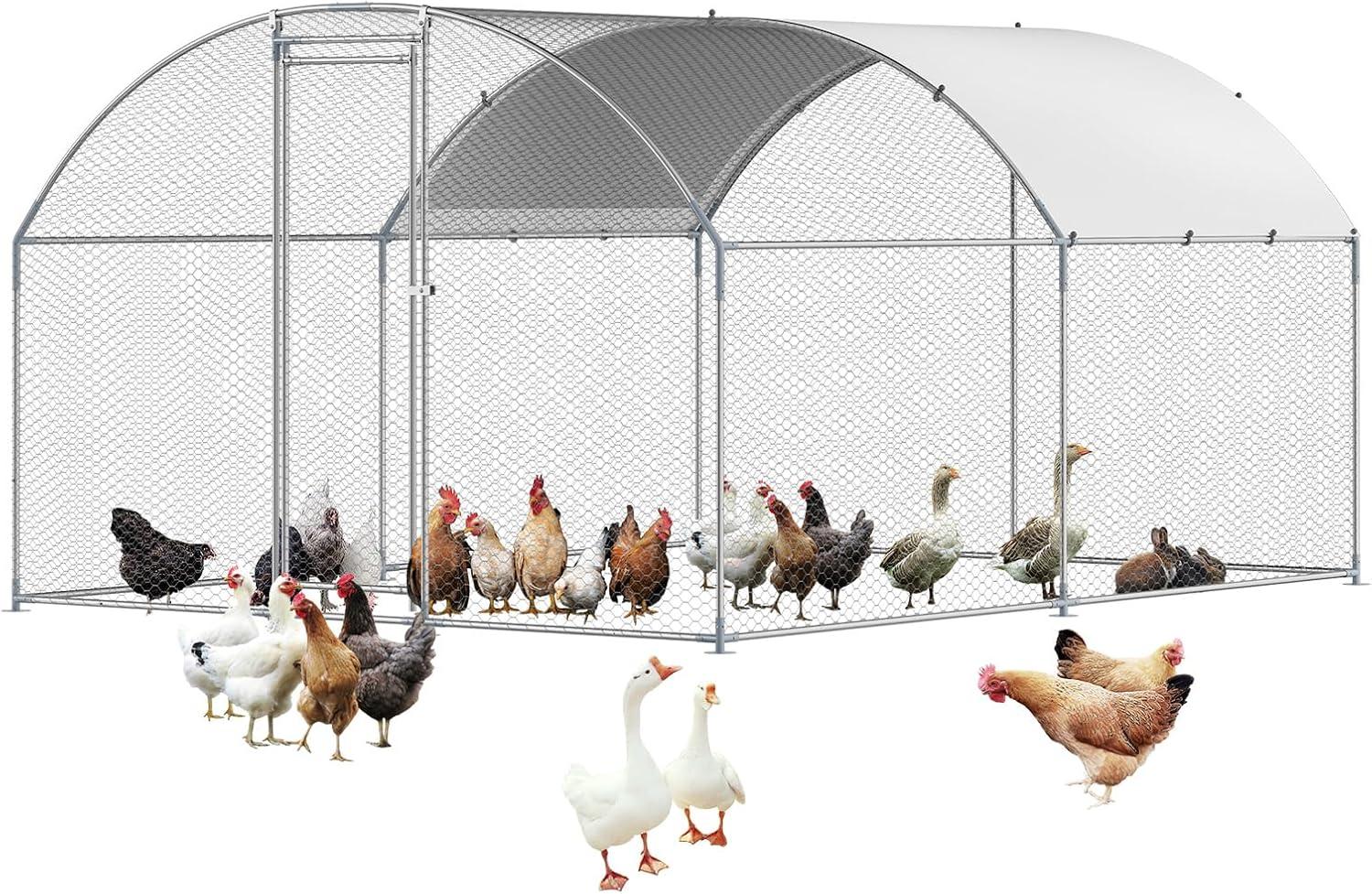 imageVEVOR Large Metal Chicken Coop with Run Walkin Chicken Coop for Yard with Waterproof Cover 65 x 98 x 65 ft Spire Roof Large Poultry Cage for Hen House Duck Coop and Rabbit RunDome Roof
