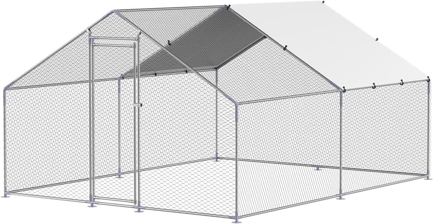 imageVEVOR Large Metal Chicken Coop with Run Walkin Chicken Coop for Yard with Waterproof Cover 65 x 98 x 65 ft Spire Roof Large Poultry Cage for Hen House Duck Coop and Rabbit RunSpire Roof