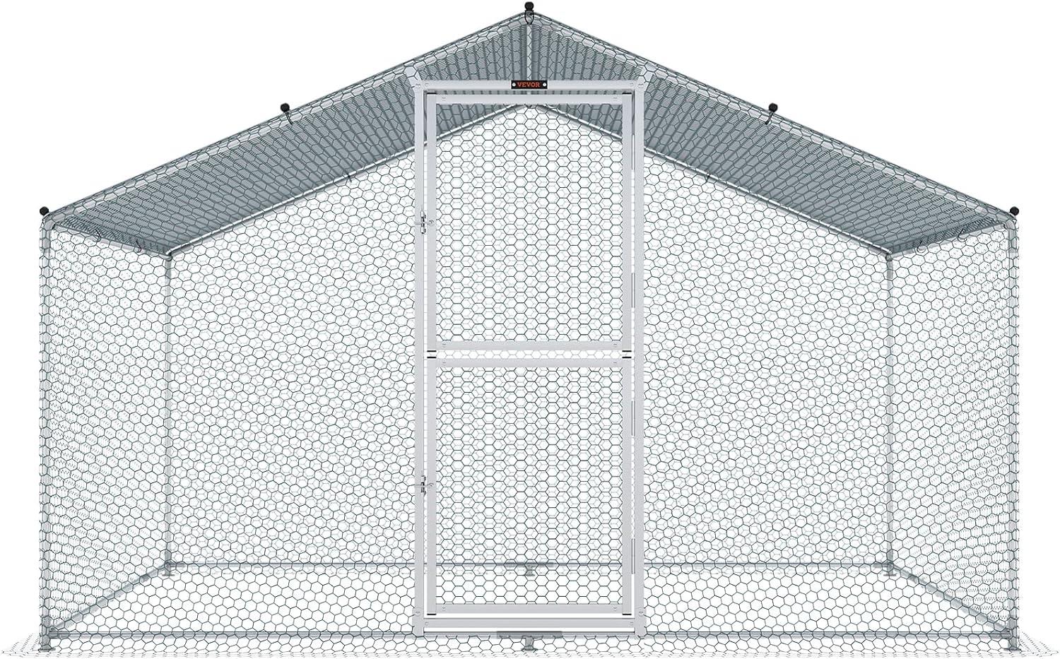 imageVEVOR Large Metal Chicken Coop with Run Walkin Chicken Coop for Yard with Waterproof Cover 65 x 98 x 65 ft Spire Roof Large Poultry Cage for Hen House Duck Coop and Rabbit RunSpire Roof with Split Door