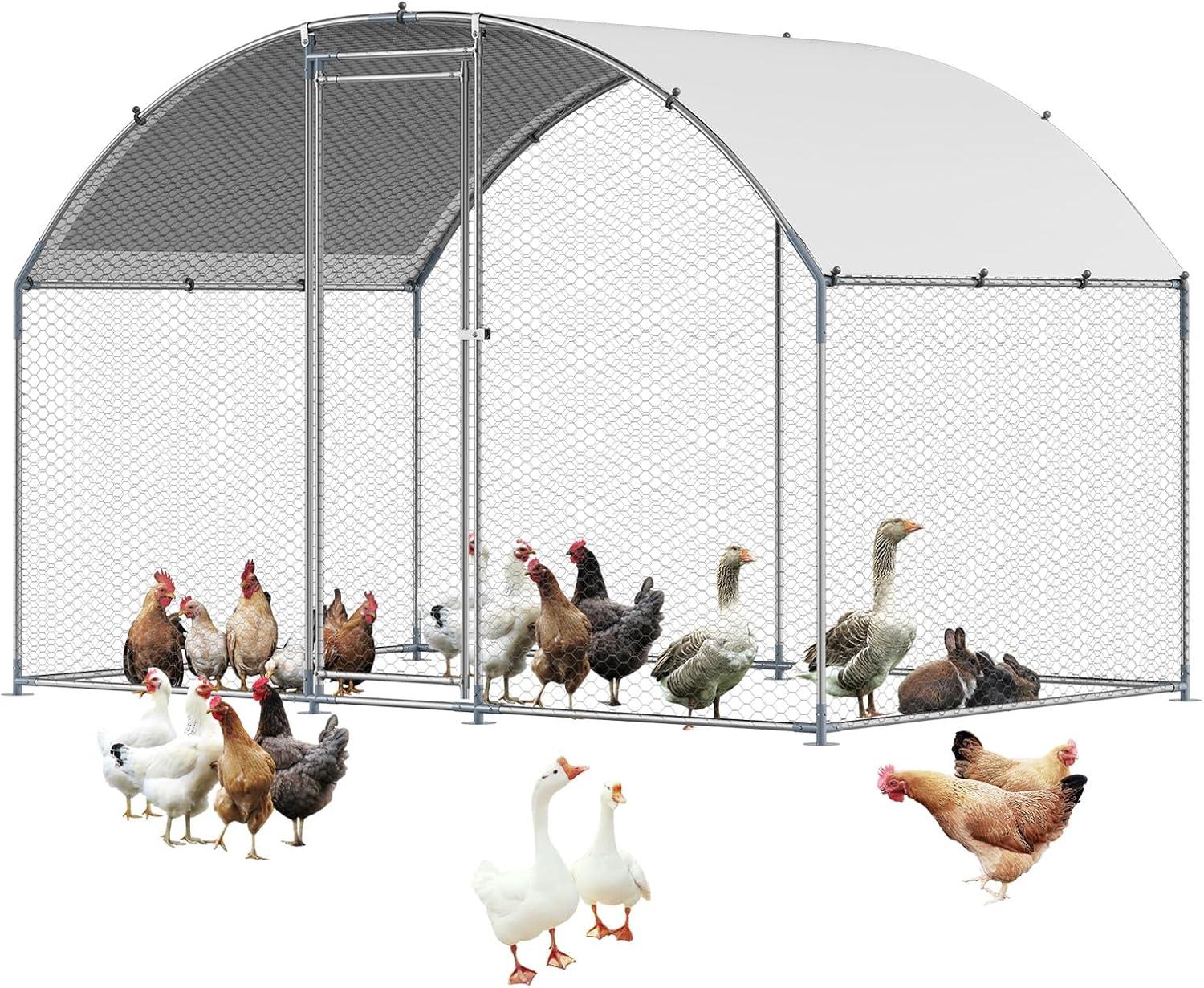 imageVEVOR Large Metal Chicken Coop with Run Walkin Chicken Coop for Yard with Waterproof Cover 65 x 98 x 65 ft Spire Roof Large Poultry Cage for Hen House Duck Coop and Rabbit RunDome Roof