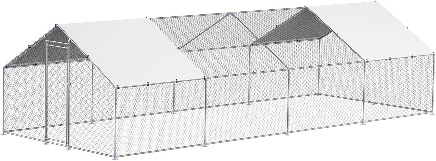 imageVEVOR Large Metal Chicken Coop with Run Walkin Chicken Coop for Yard with Waterproof Cover 65 x 98 x 65 ft Spire Roof Large Poultry Cage for Hen House Duck Coop and Rabbit RunSpire Roof