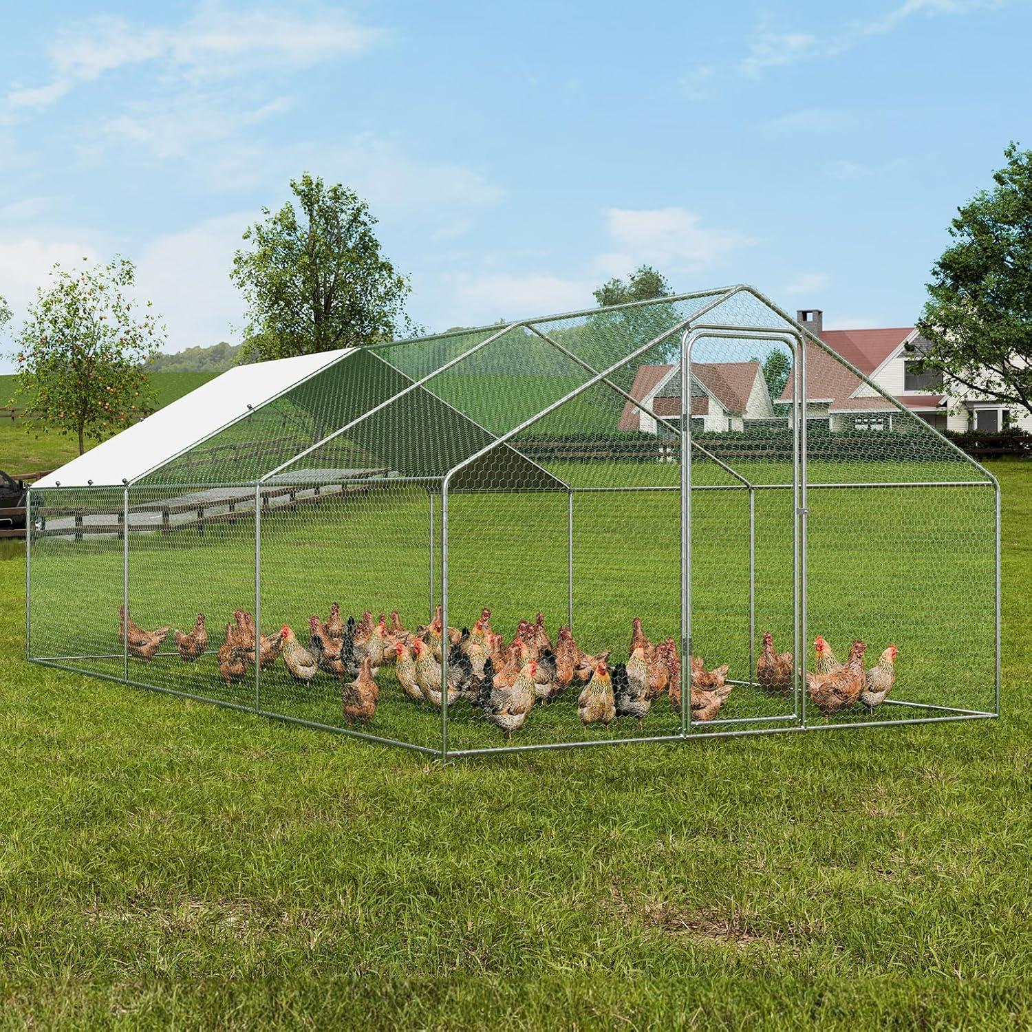 imageVEVOR Large Metal Chicken Coop with Run Walkin Chicken Coop for Yard with Waterproof Cover 65 x 98 x 65 ft Spire Roof Large Poultry Cage for Hen House Duck Coop and Rabbit RunSpire Roof with Split Door