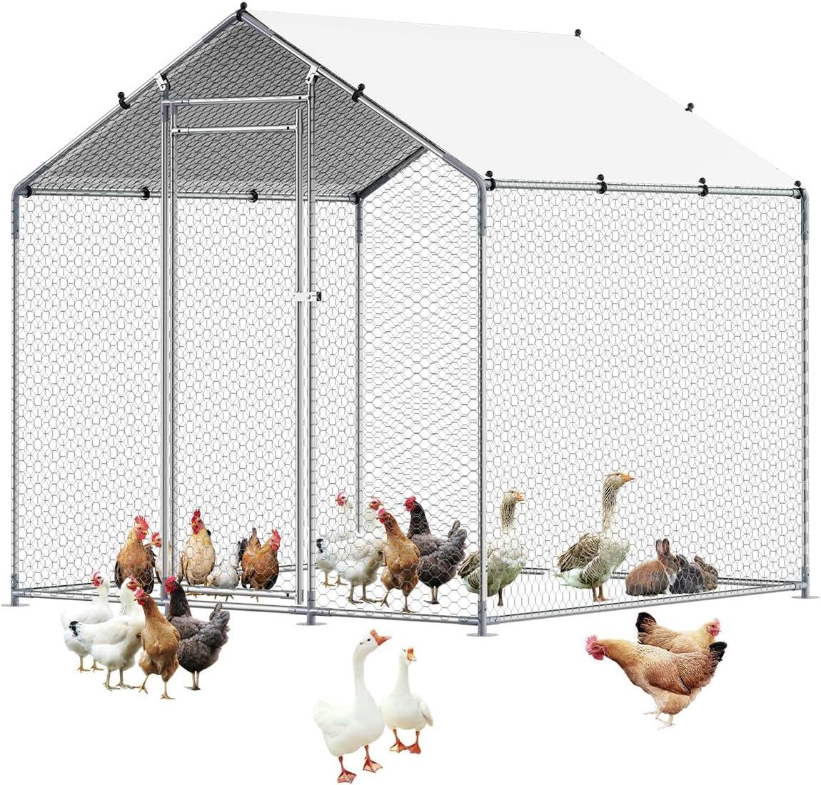 imageVEVOR Large Metal Chicken Coop with Run Walkin Chicken Coop for Yard with Waterproof Cover 65 x 98 x 65 ft Spire Roof Large Poultry Cage for Hen House Duck Coop and Rabbit RunSpire Roof