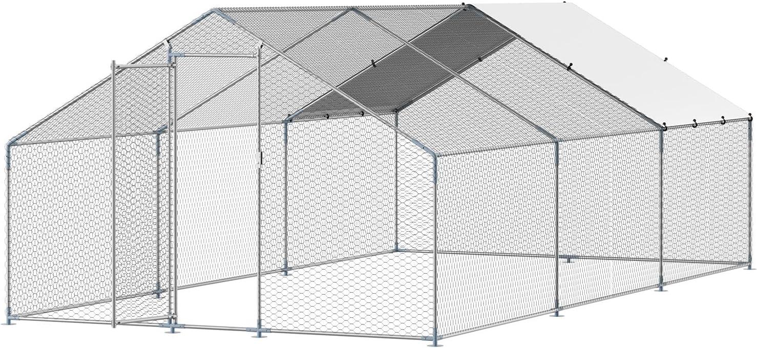 imageVEVOR Large Metal Chicken Coop with Run Walkin Chicken Coop for Yard with Waterproof Cover 65 x 98 x 65 ft Spire Roof Large Poultry Cage for Hen House Duck Coop and Rabbit RunSpire Roof