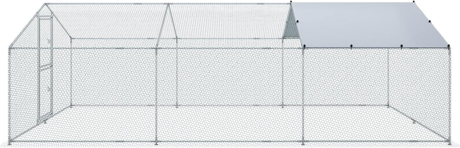 imageVEVOR Large Metal Chicken Coop with Run Walkin Chicken Coop for Yard with Waterproof Cover 65 x 98 x 65 ft Spire Roof Large Poultry Cage for Hen House Duck Coop and Rabbit RunSpire Roof with Split Door