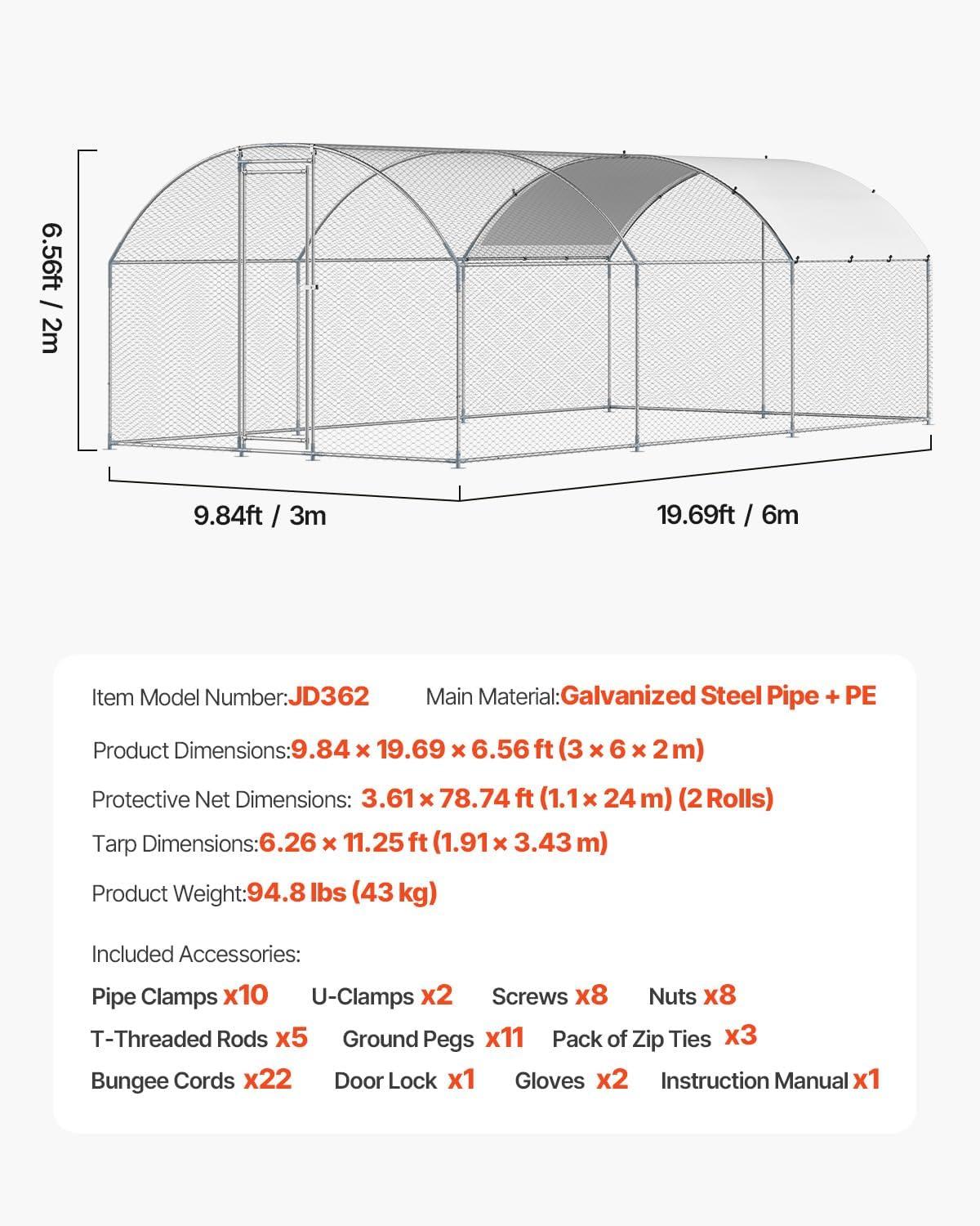 imageVEVOR Large Metal Chicken Coop with Run Walkin Chicken Coop for Yard with Waterproof Cover 65 x 98 x 65 ft Spire Roof Large Poultry Cage for Hen House Duck Coop and Rabbit RunDome Roof