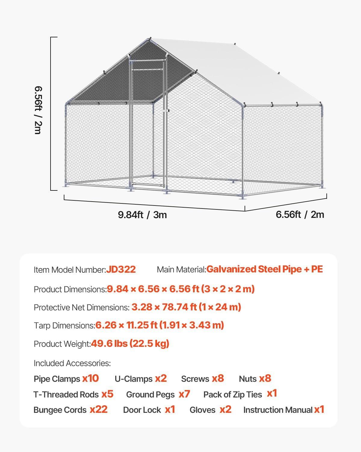 imageVEVOR Large Metal Chicken Coop with Run Walkin Chicken Coop for Yard with Waterproof Cover 65 x 98 x 65 ft Spire Roof Large Poultry Cage for Hen House Duck Coop and Rabbit RunSpire Roof