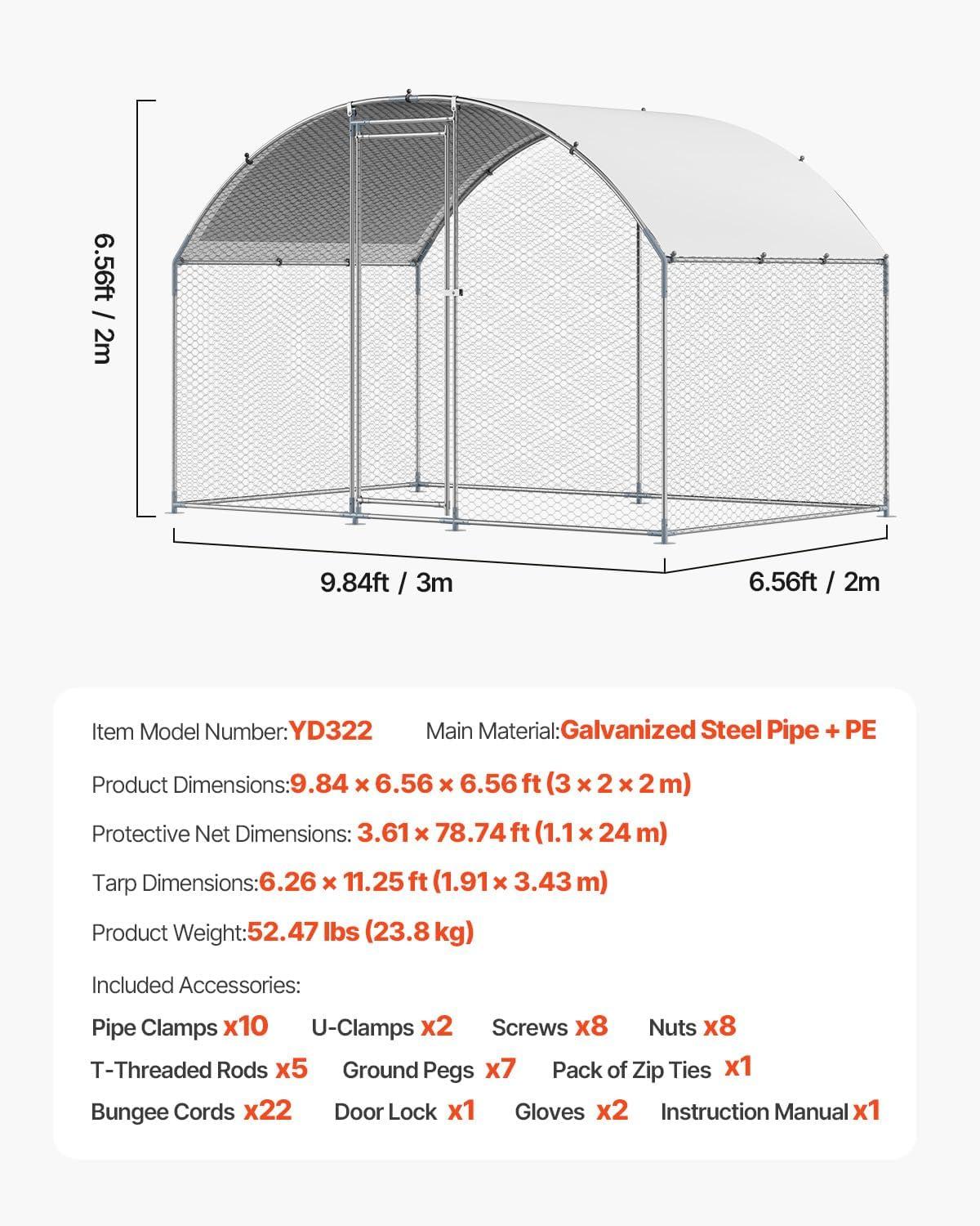 imageVEVOR Large Metal Chicken Coop with Run Walkin Chicken Coop for Yard with Waterproof Cover 65 x 98 x 65 ft Spire Roof Large Poultry Cage for Hen House Duck Coop and Rabbit RunDome Roof