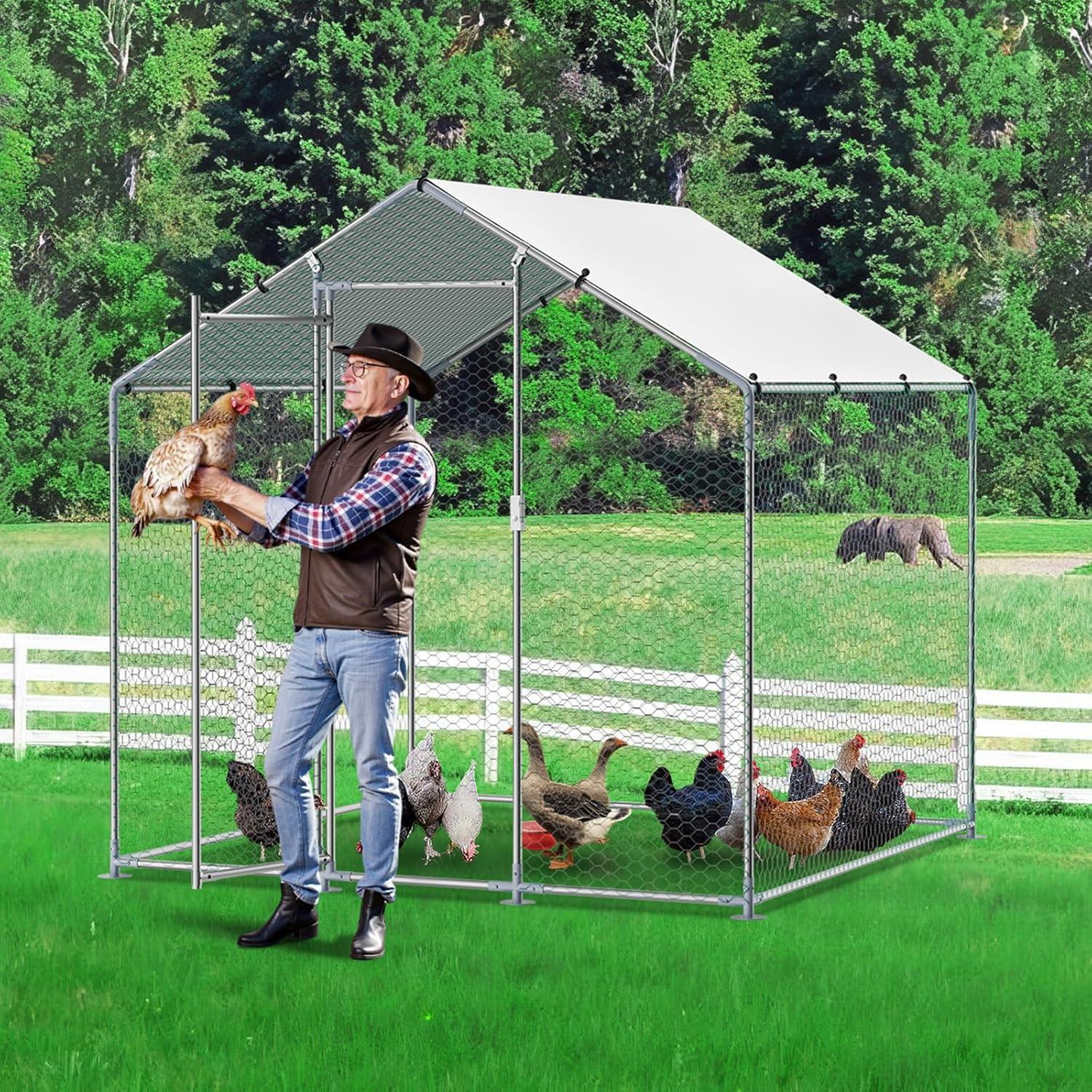 imageVEVOR Large Metal Chicken Coop with Run Walkin Chicken Coop for Yard with Waterproof Cover 65 x 98 x 65 ft Spire Roof Large Poultry Cage for Hen House Duck Coop and Rabbit RunSpire Roof