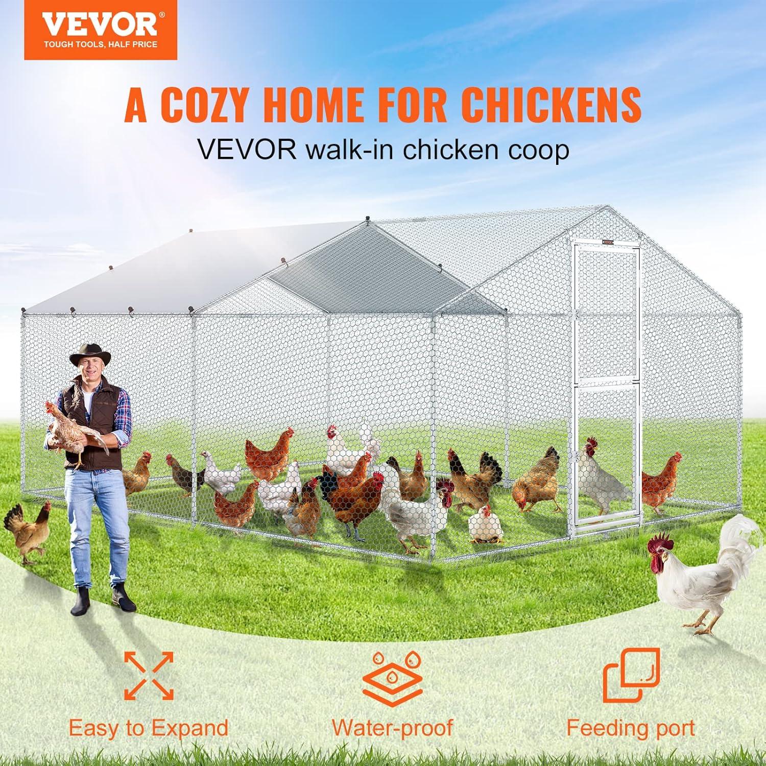 imageVEVOR Large Metal Chicken Coop with Run Walkin Chicken Coop for Yard with Waterproof Cover 65 x 98 x 65 ft Spire Roof Large Poultry Cage for Hen House Duck Coop and Rabbit RunSpire Roof with Split Door