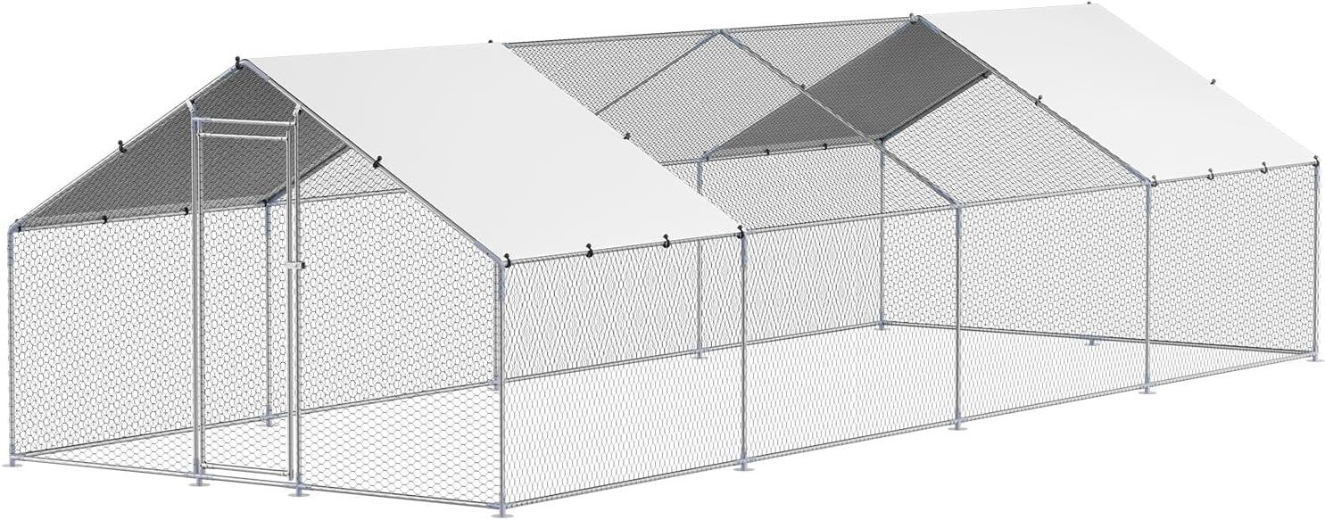 imageVEVOR Large Metal Chicken Coop with Run Walkin Chicken Coop for Yard with Waterproof Cover 65 x 98 x 65 ft Spire Roof Large Poultry Cage for Hen House Duck Coop and Rabbit RunSpire Roof