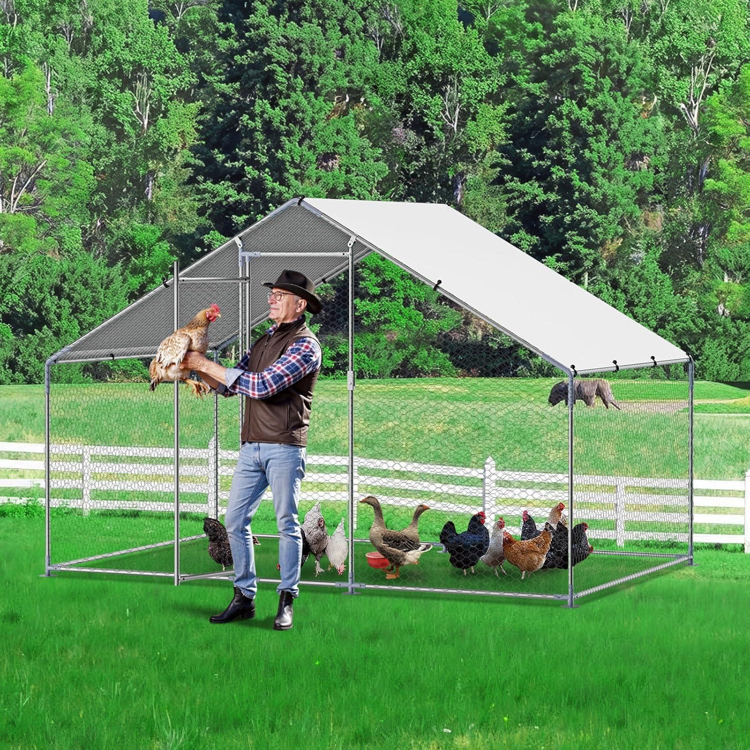 imageVEVOR Large Metal Chicken Coop with Run Walkin Chicken Coop for Yard with Waterproof Cover 65 x 98 x 65 ft Spire Roof Large Poultry Cage for Hen House Duck Coop and Rabbit RunSpire Roof
