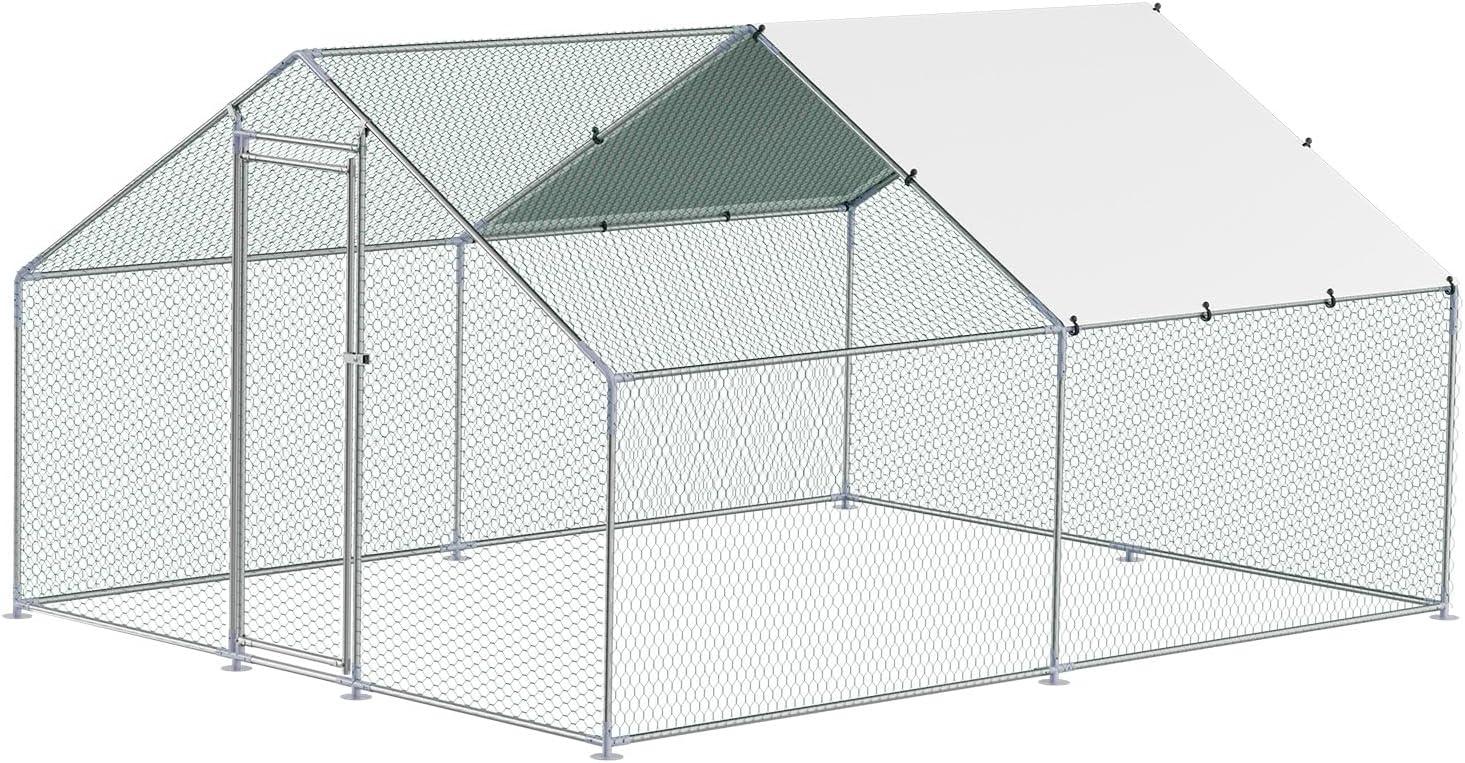imageVEVOR Large Metal Chicken Coop with Run Walkin Chicken Coop for Yard with Waterproof Cover 65 x 98 x 65 ft Spire Roof Large Poultry Cage for Hen House Duck Coop and Rabbit RunSpire Roof
