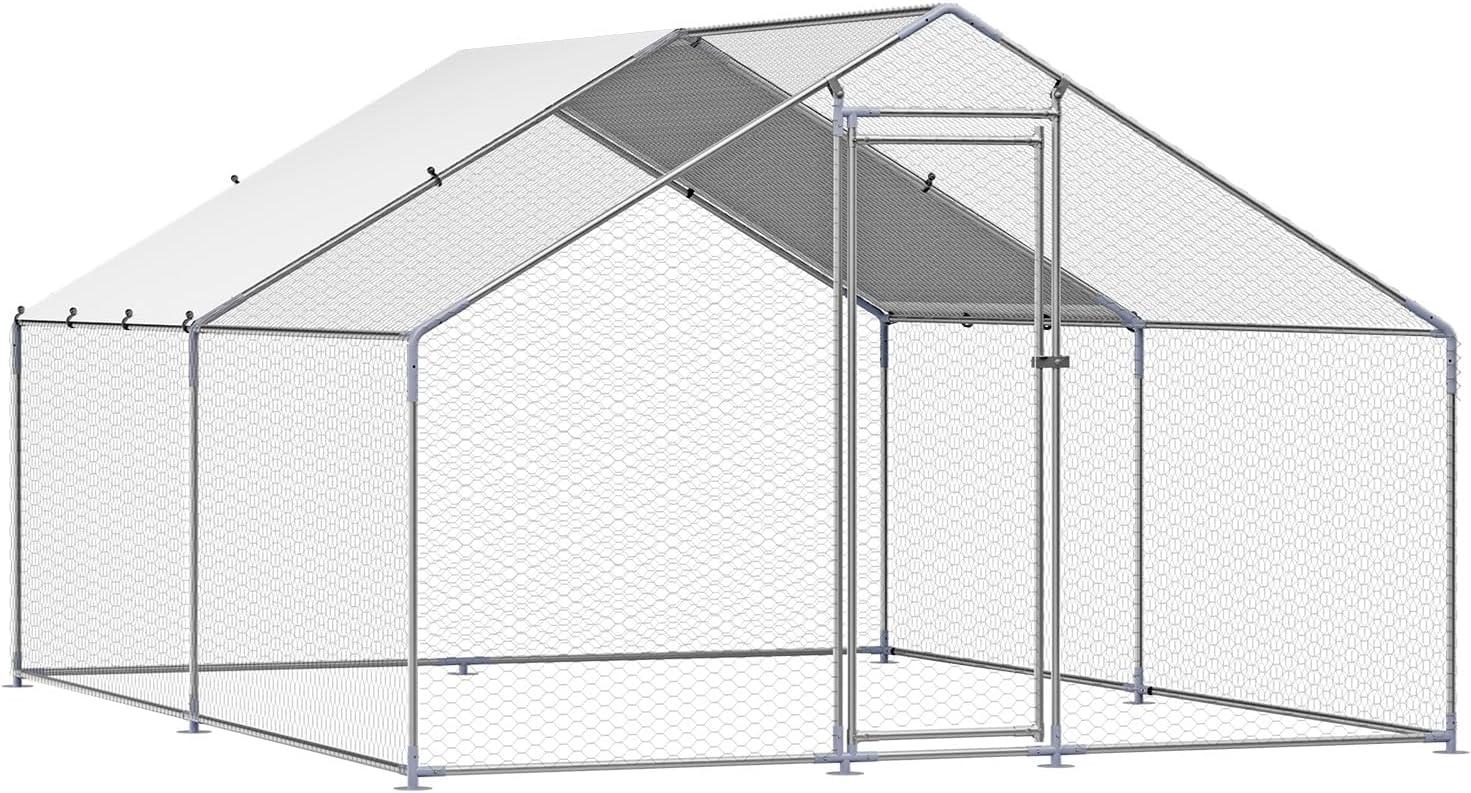 imageVEVOR Large Metal Chicken Coop with Run Walkin Chicken Coop for Yard with Waterproof Cover 65 x 98 x 65 ft Spire Roof Large Poultry Cage for Hen House Duck Coop and Rabbit RunSpire Roof