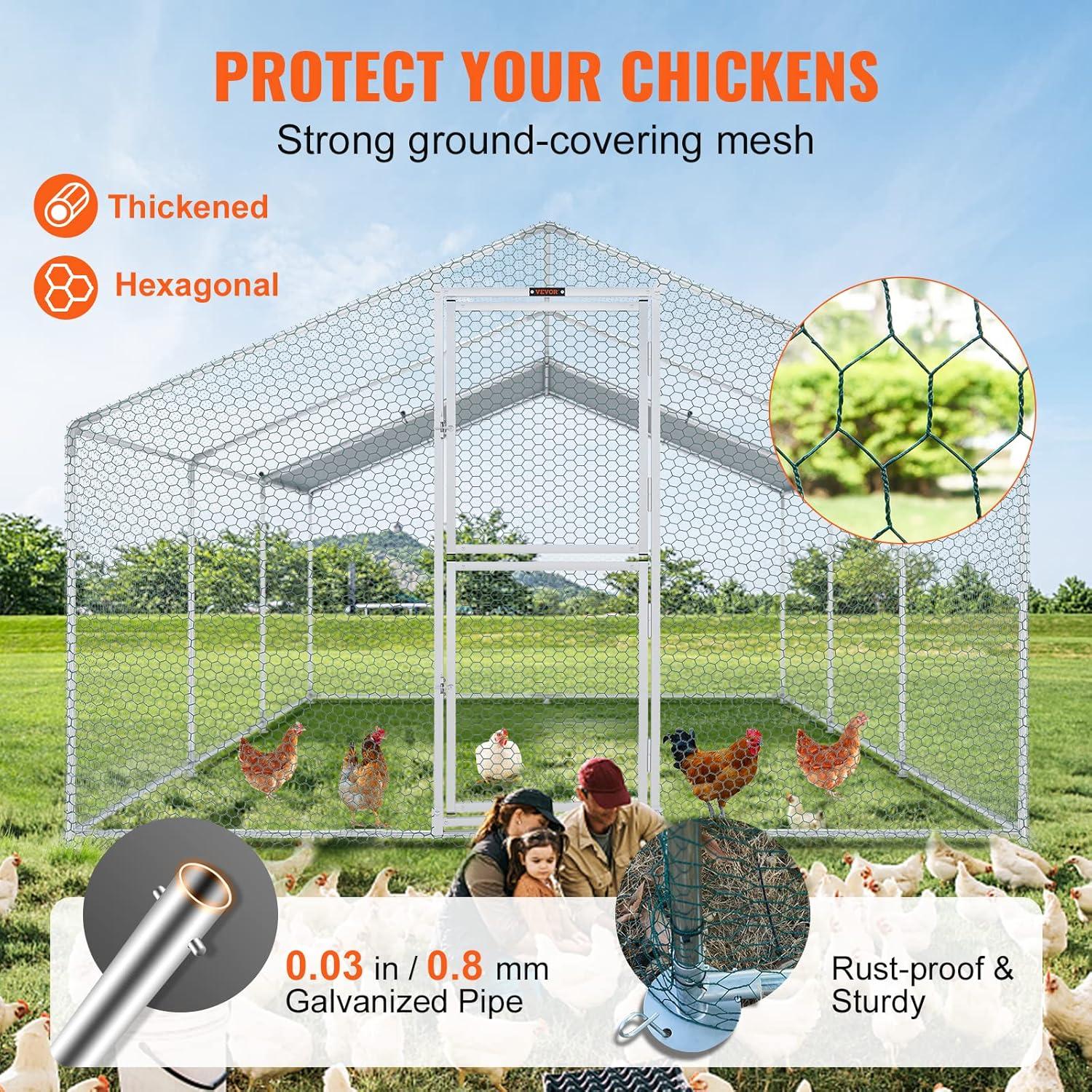 imageVEVOR Large Metal Chicken Coop with Run Walkin Chicken Coop for Yard with Waterproof Cover 65 x 98 x 65 ft Spire Roof Large Poultry Cage for Hen House Duck Coop and Rabbit RunSpire Roof with Split Door