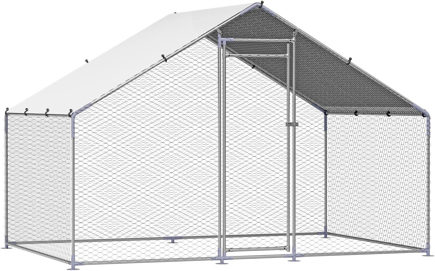 imageVEVOR Large Metal Chicken Coop with Run Walkin Chicken Coop for Yard with Waterproof Cover 65 x 98 x 65 ft Spire Roof Large Poultry Cage for Hen House Duck Coop and Rabbit RunSpire Roof