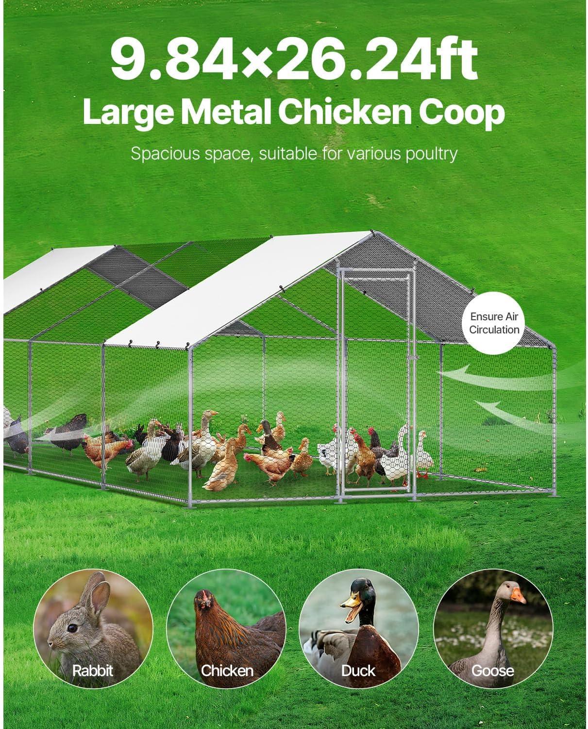 imageVEVOR Large Metal Chicken Coop with Run Walkin Chicken Coop for Yard with Waterproof Cover 65 x 98 x 65 ft Spire Roof Large Poultry Cage for Hen House Duck Coop and Rabbit RunSpire Roof
