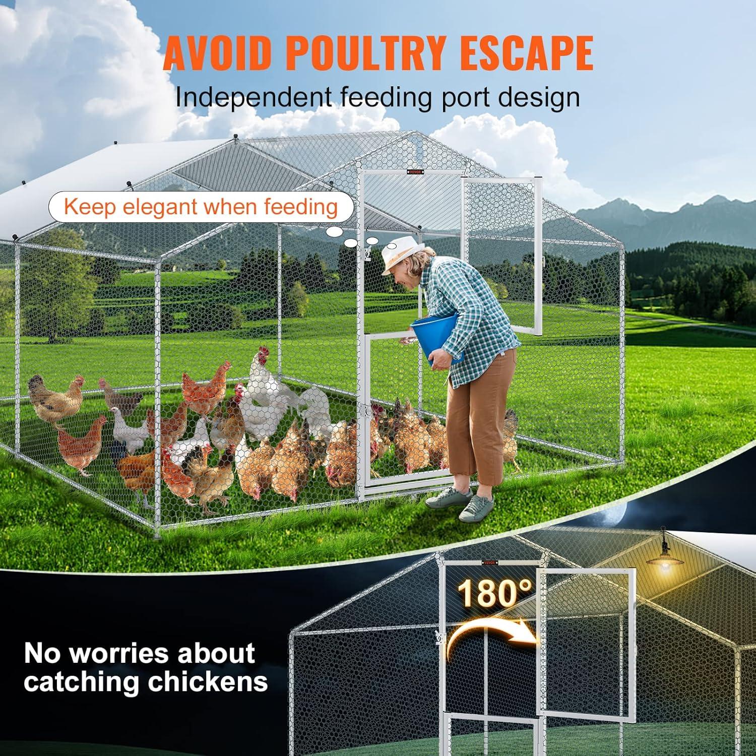 imageVEVOR Large Metal Chicken Coop with Run Walkin Chicken Coop for Yard with Waterproof Cover 65 x 98 x 65 ft Spire Roof Large Poultry Cage for Hen House Duck Coop and Rabbit RunSpire Roof with Split Door