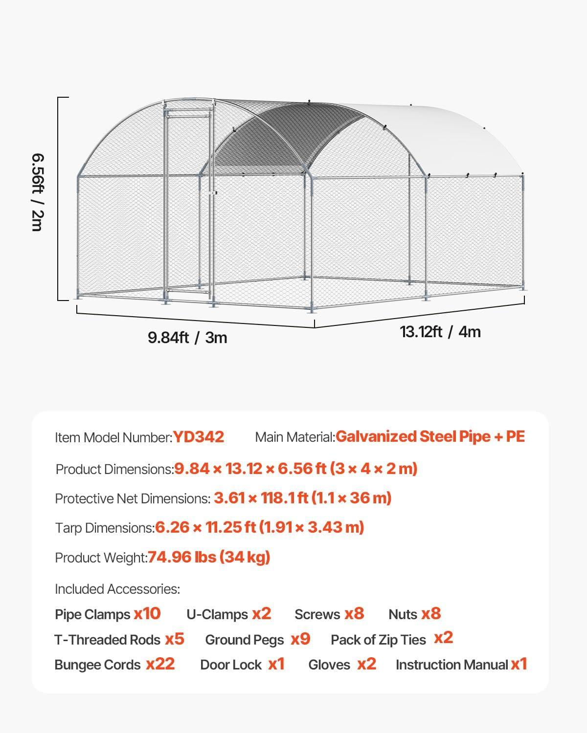 imageVEVOR Large Metal Chicken Coop with Run Walkin Chicken Coop for Yard with Waterproof Cover 65 x 98 x 65 ft Spire Roof Large Poultry Cage for Hen House Duck Coop and Rabbit RunDome Roof