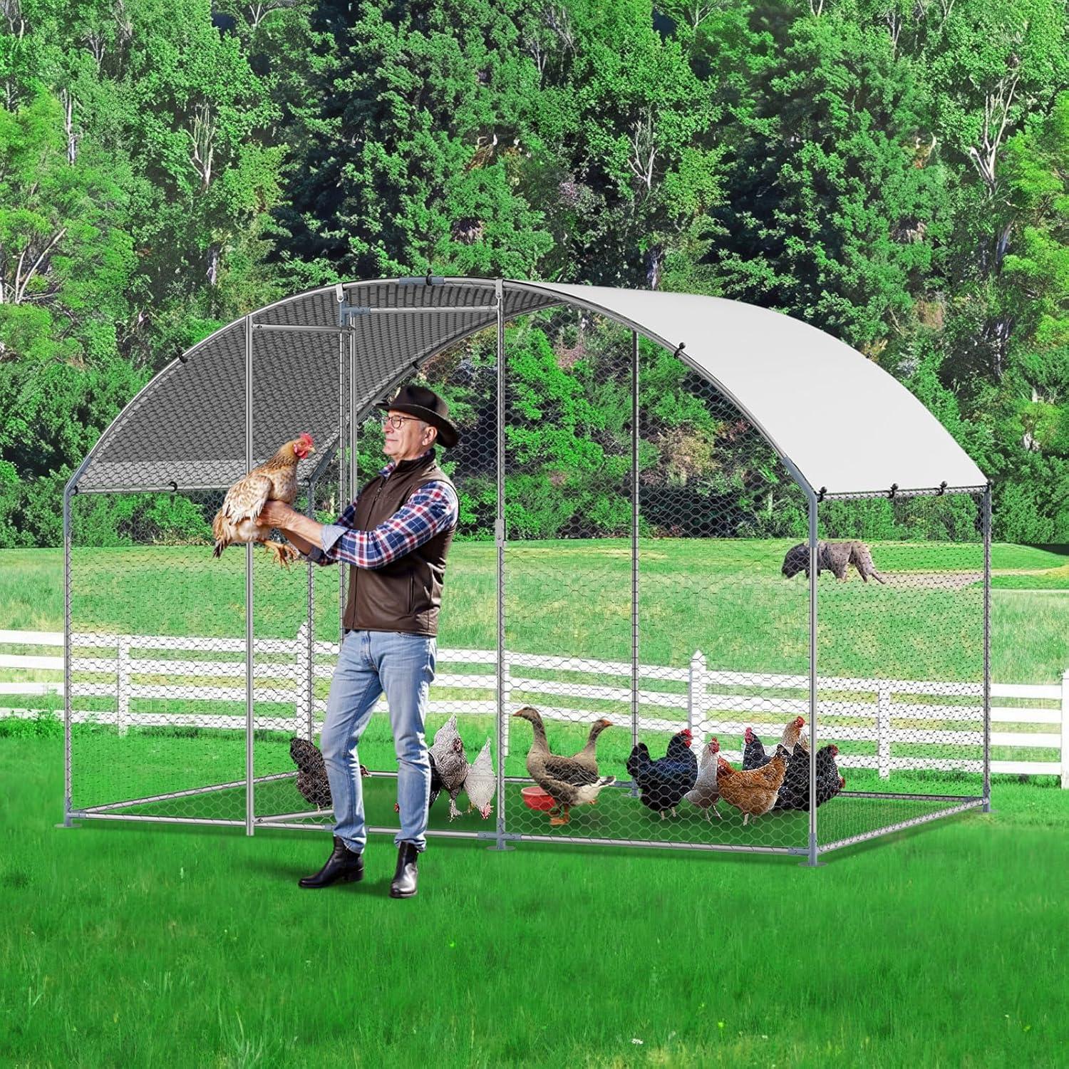 imageVEVOR Large Metal Chicken Coop with Run Walkin Chicken Coop for Yard with Waterproof Cover 65 x 98 x 65 ft Spire Roof Large Poultry Cage for Hen House Duck Coop and Rabbit RunDome Roof