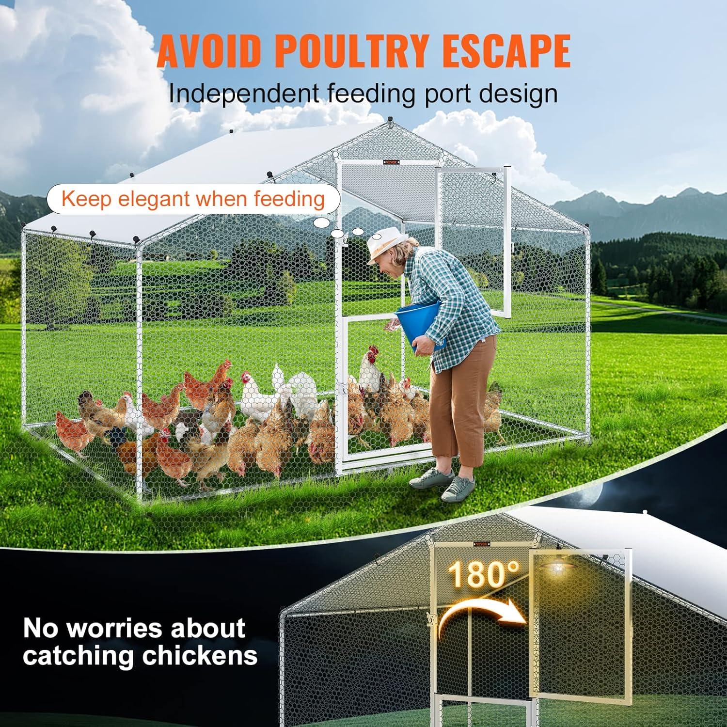 imageVEVOR Large Metal Chicken Coop with Run Walkin Chicken Coop for Yard with Waterproof Cover 65 x 98 x 65 ft Spire Roof Large Poultry Cage for Hen House Duck Coop and Rabbit RunSpire Roof with Split Door