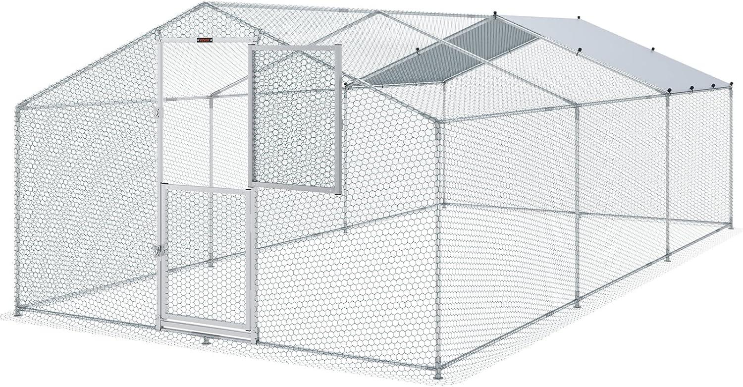 imageVEVOR Large Metal Chicken Coop with Run Walkin Chicken Coop for Yard with Waterproof Cover 65 x 98 x 65 ft Spire Roof Large Poultry Cage for Hen House Duck Coop and Rabbit RunSpire Roof with Split Door