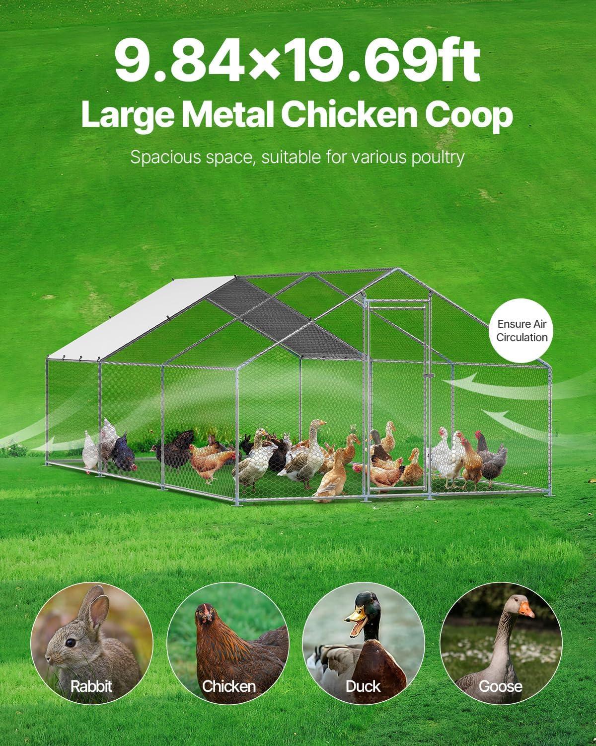 imageVEVOR Large Metal Chicken Coop with Run Walkin Chicken Coop for Yard with Waterproof Cover 65 x 98 x 65 ft Spire Roof Large Poultry Cage for Hen House Duck Coop and Rabbit RunSpire Roof