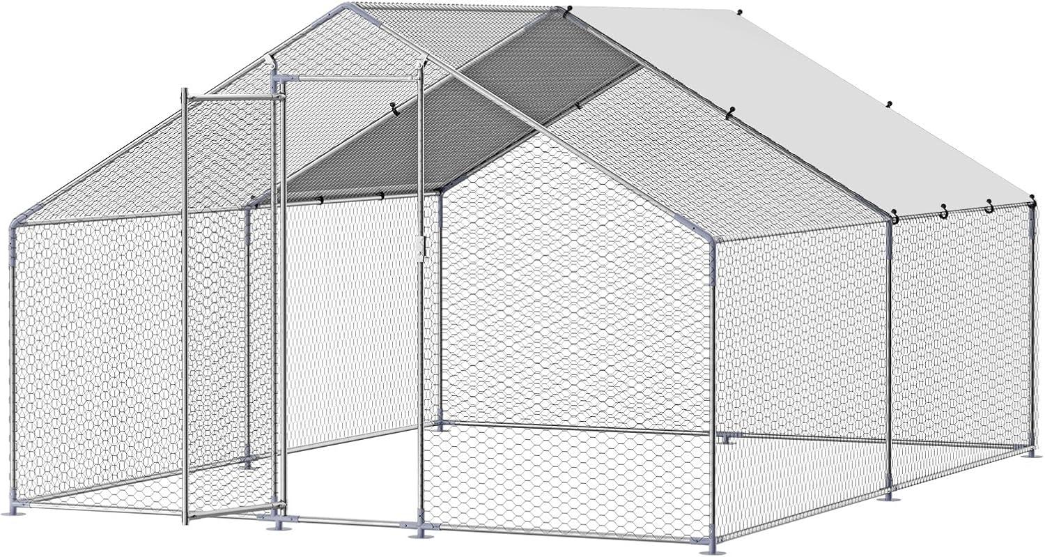 imageVEVOR Large Metal Chicken Coop with Run Walkin Chicken Coop for Yard with Waterproof Cover 65 x 98 x 65 ft Spire Roof Large Poultry Cage for Hen House Duck Coop and Rabbit RunSpire Roof