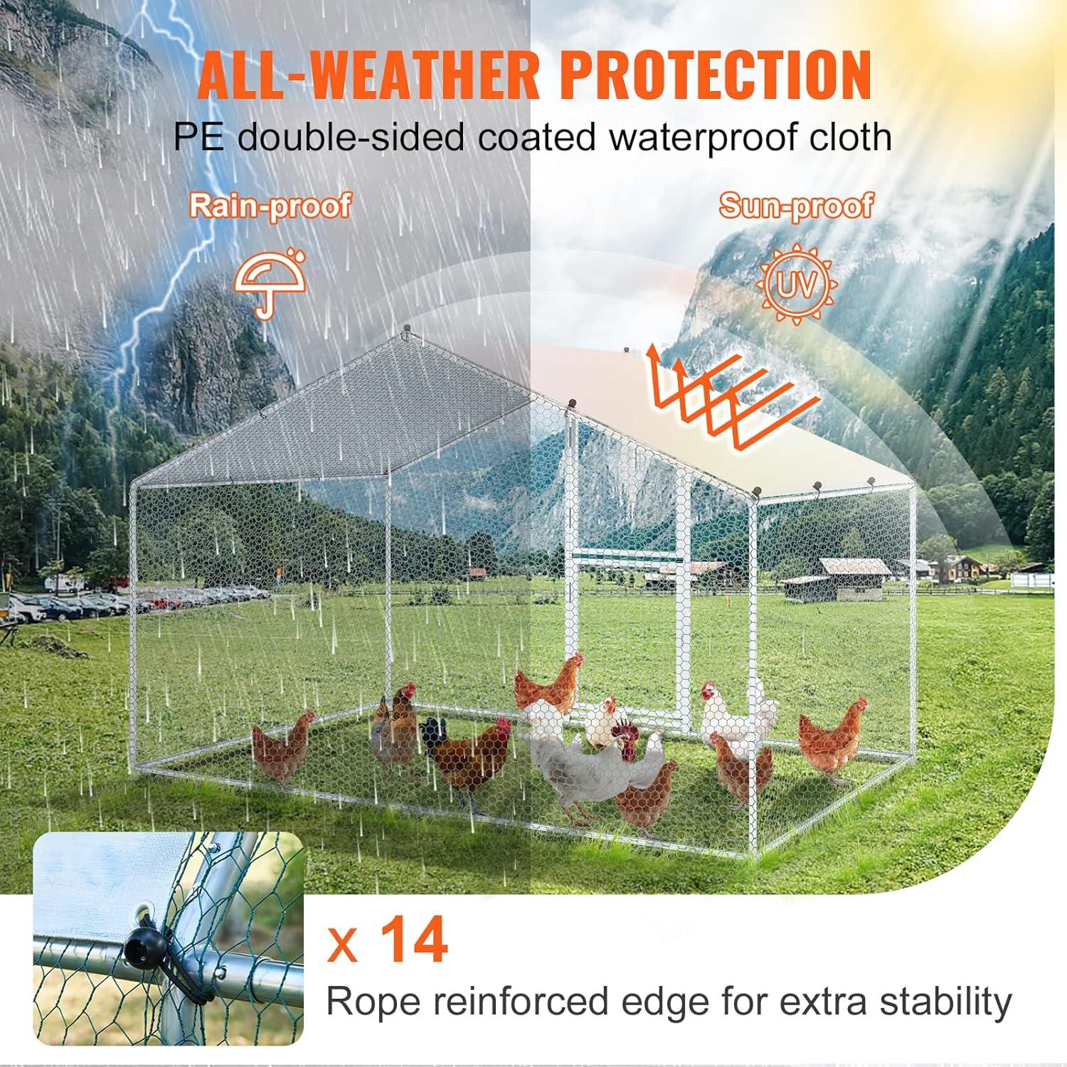 imageVEVOR Large Metal Chicken Coop with Run Walkin Chicken Coop for Yard with Waterproof Cover 65 x 98 x 65 ft Spire Roof Large Poultry Cage for Hen House Duck Coop and Rabbit RunSpire Roof with Split Door