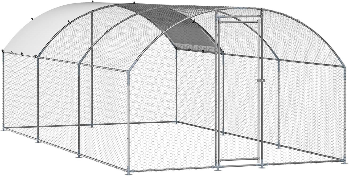 imageVEVOR Large Metal Chicken Coop with Run Walkin Chicken Coop for Yard with Waterproof Cover 65 x 98 x 65 ft Spire Roof Large Poultry Cage for Hen House Duck Coop and Rabbit RunDome Roof