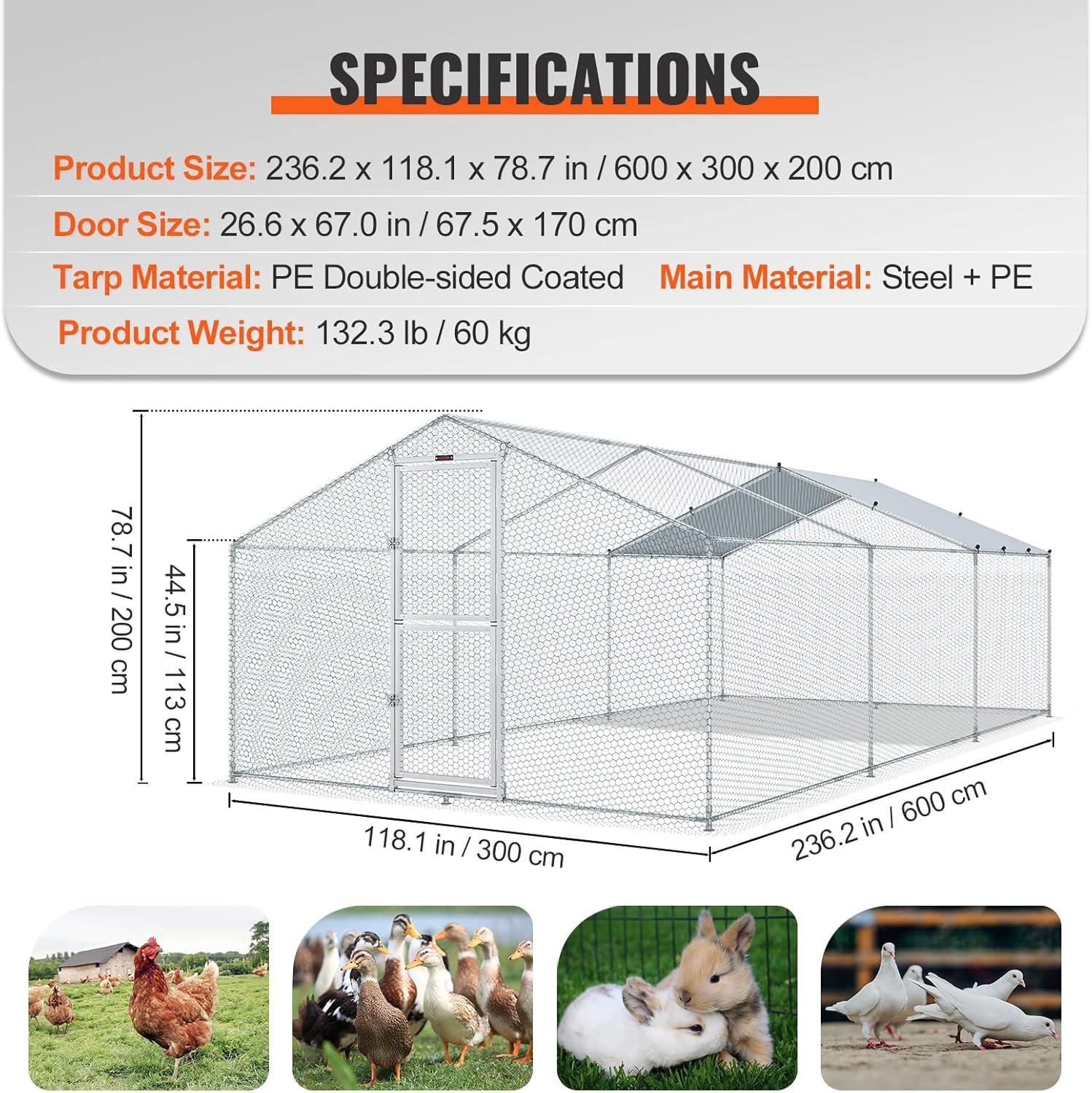imageVEVOR Large Metal Chicken Coop with Run Walkin Chicken Coop for Yard with Waterproof Cover 65 x 98 x 65 ft Spire Roof Large Poultry Cage for Hen House Duck Coop and Rabbit RunSpire Roof with Split Door