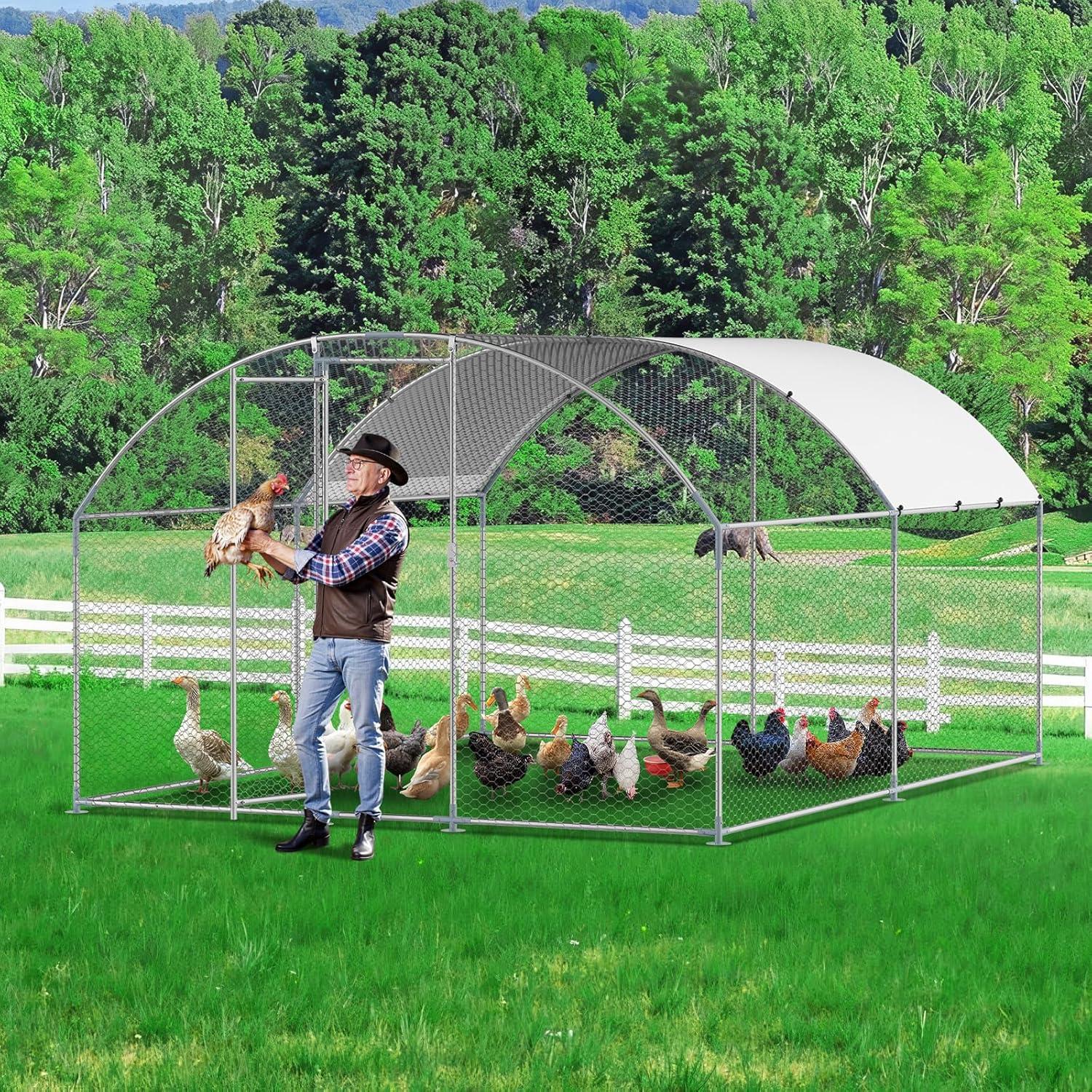 imageVEVOR Large Metal Chicken Coop with Run Walkin Chicken Coop for Yard with Waterproof Cover 65 x 98 x 65 ft Spire Roof Large Poultry Cage for Hen House Duck Coop and Rabbit RunDome Roof