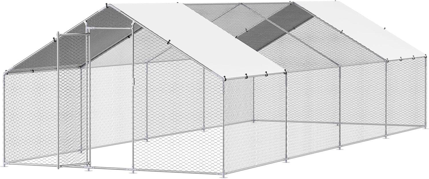 imageVEVOR Large Metal Chicken Coop with Run Walkin Chicken Coop for Yard with Waterproof Cover 65 x 98 x 65 ft Spire Roof Large Poultry Cage for Hen House Duck Coop and Rabbit RunSpire Roof