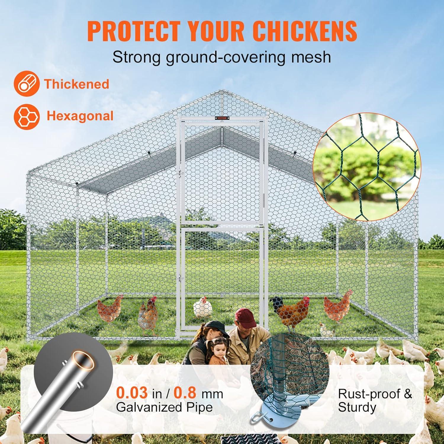 imageVEVOR Large Metal Chicken Coop with Run Walkin Chicken Coop for Yard with Waterproof Cover 65 x 98 x 65 ft Spire Roof Large Poultry Cage for Hen House Duck Coop and Rabbit RunSpire Roof with Split Door