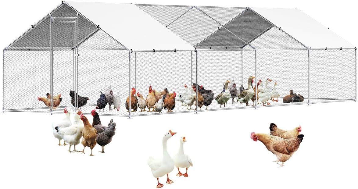 imageVEVOR Large Metal Chicken Coop with Run Walkin Chicken Coop for Yard with Waterproof Cover 65 x 98 x 65 ft Spire Roof Large Poultry Cage for Hen House Duck Coop and Rabbit RunSpire Roof