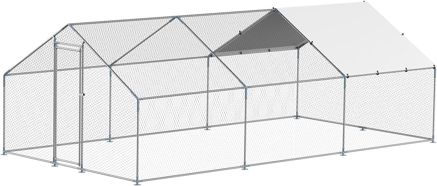 imageVEVOR Large Metal Chicken Coop with Run Walkin Chicken Coop for Yard with Waterproof Cover 65 x 98 x 65 ft Spire Roof Large Poultry Cage for Hen House Duck Coop and Rabbit RunSpire Roof