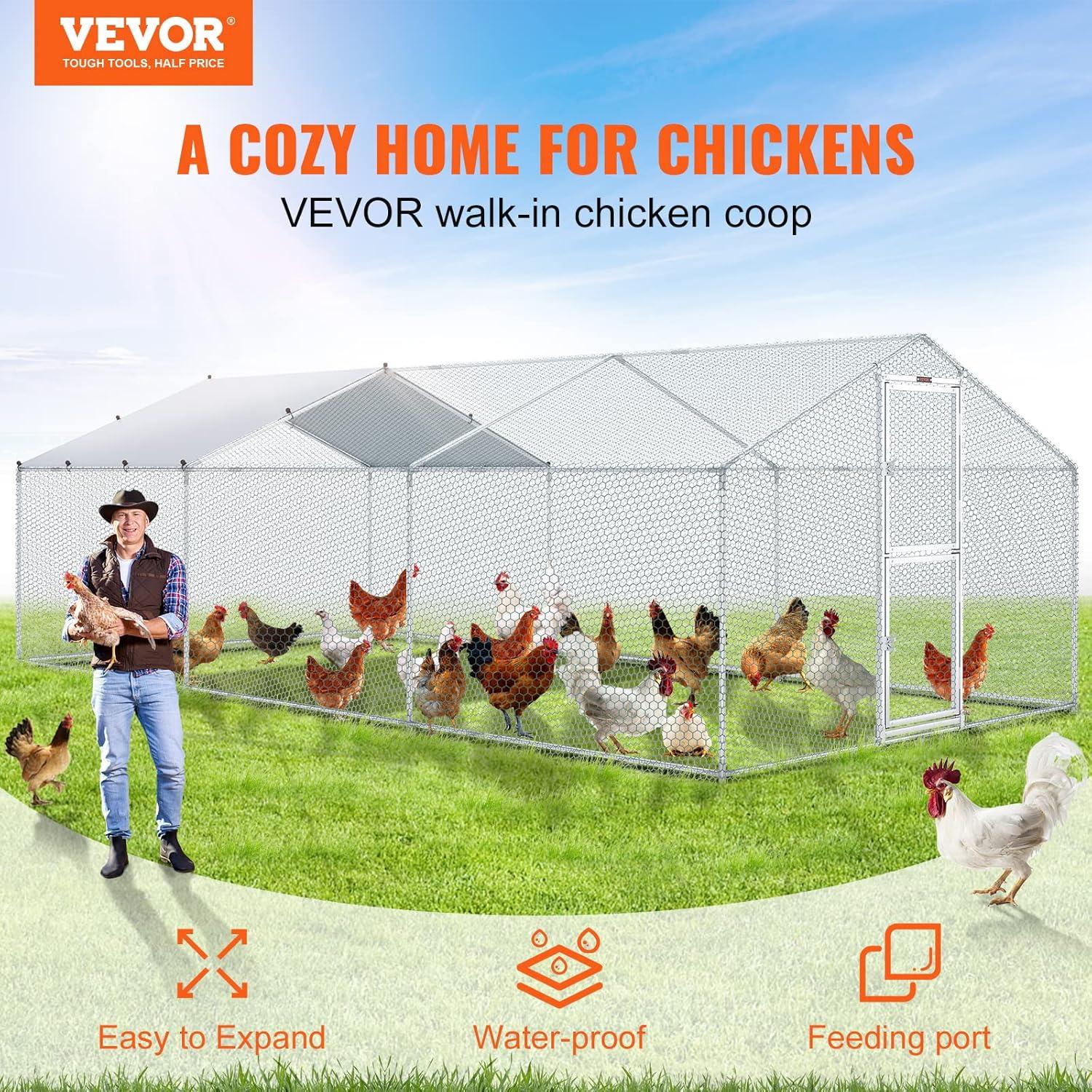 imageVEVOR Large Metal Chicken Coop with Run Walkin Chicken Coop for Yard with Waterproof Cover 65 x 98 x 65 ft Spire Roof Large Poultry Cage for Hen House Duck Coop and Rabbit RunSpire Roof with Split Door
