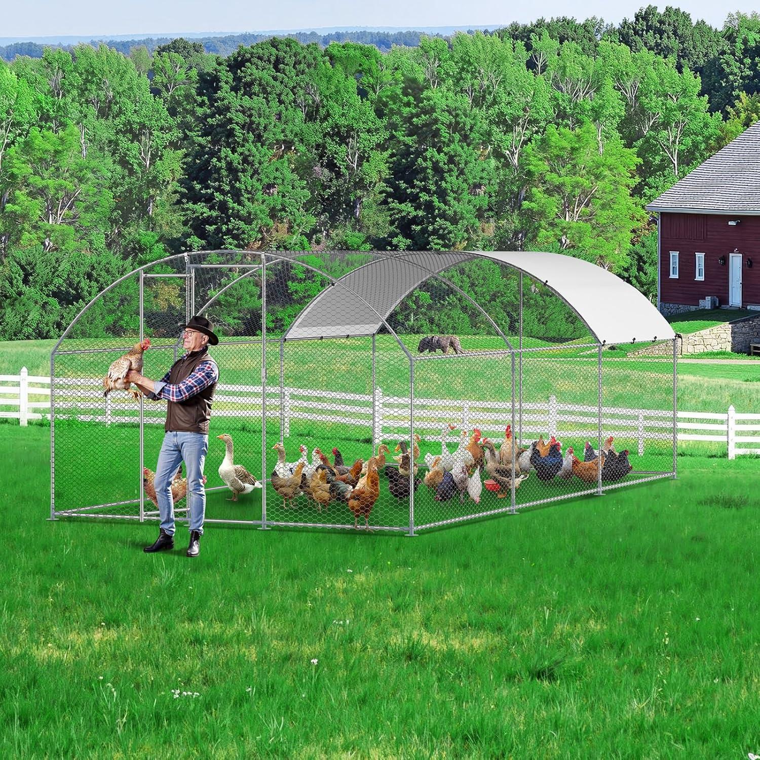 imageVEVOR Large Metal Chicken Coop with Run Walkin Chicken Coop for Yard with Waterproof Cover 65 x 98 x 65 ft Spire Roof Large Poultry Cage for Hen House Duck Coop and Rabbit RunDome Roof