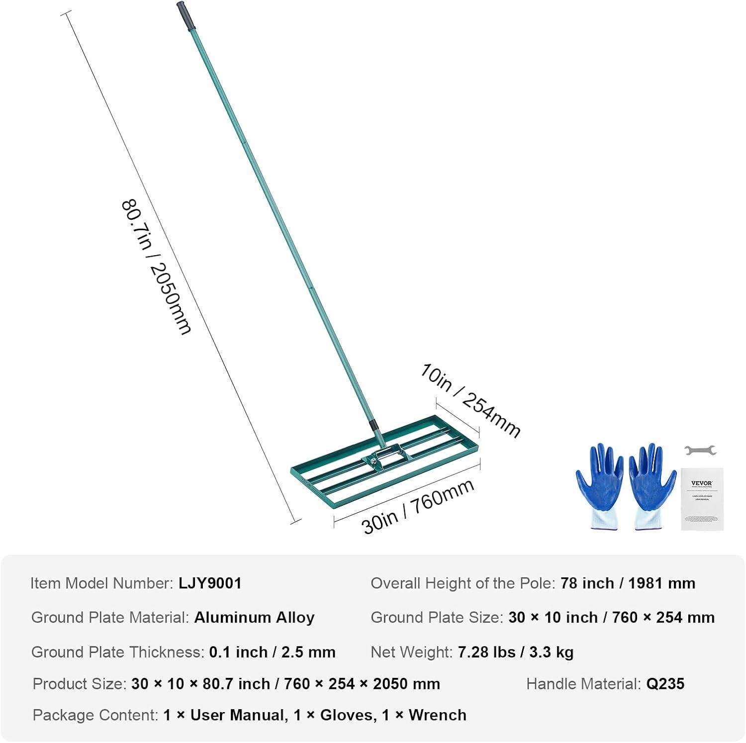 imageVEVOR Lawn Leveling Rake 48quotquotx10quotquot Level Lawn Tool HeavyDuty Lawn Leveler with 78quotquot Steel Extended Handle Yard Leveling Rake Suit for Garden Golf Lawn Farm Green30x10