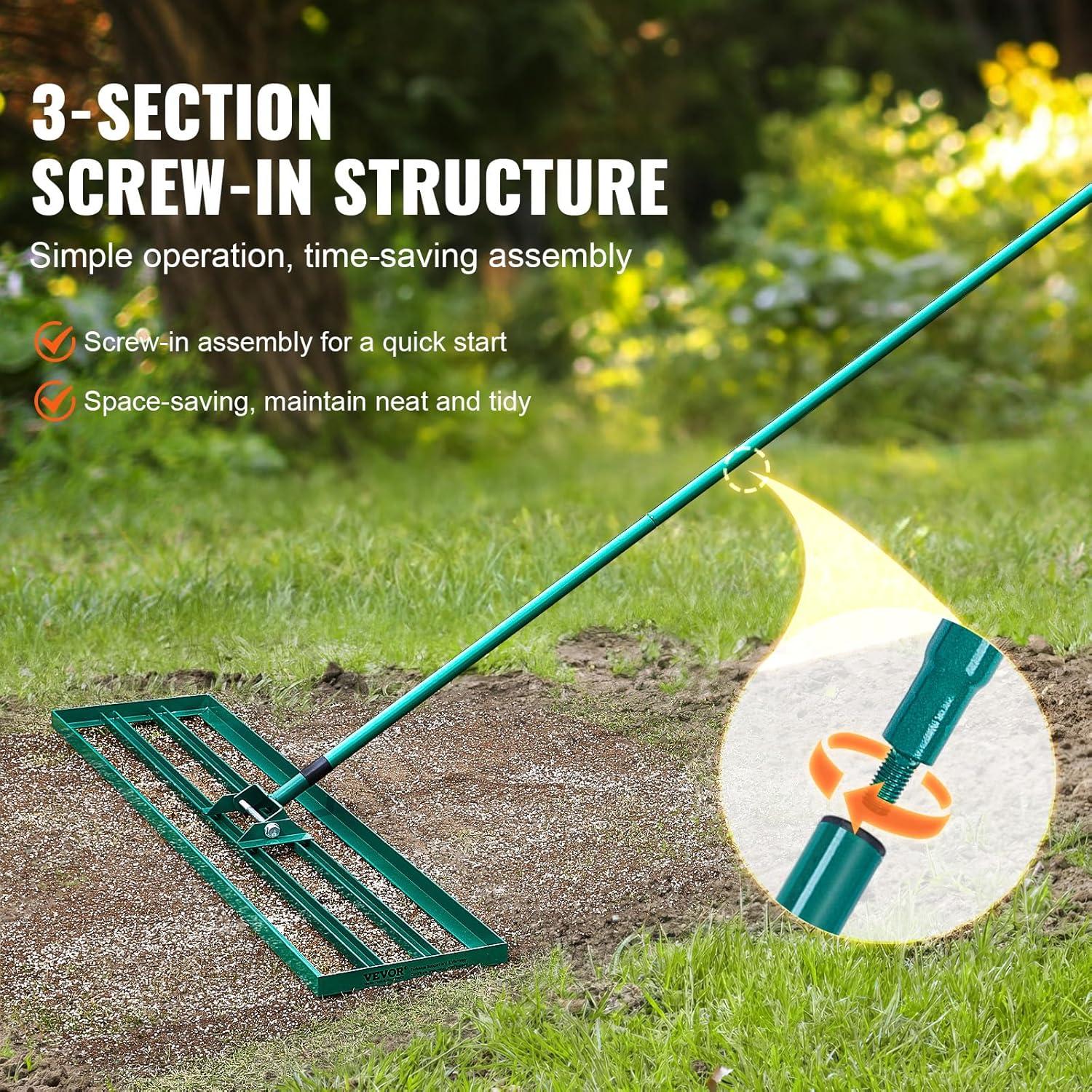 imageVEVOR Lawn Leveling Rake 48quotquotx10quotquot Level Lawn Tool HeavyDuty Lawn Leveler with 78quotquot Steel Extended Handle Yard Leveling Rake Suit for Garden Golf Lawn Farm Green48x10