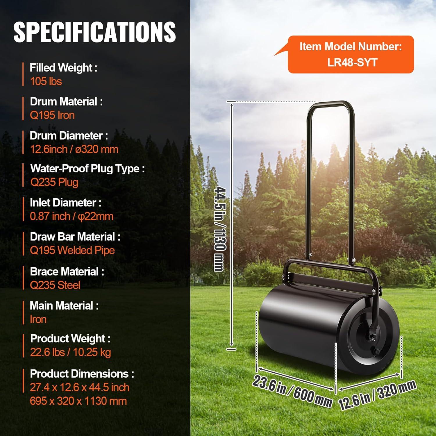 imageVEVOR Lawn Roller 13 Gallon Large Capacity SandWater Filled Heavy Duty Steel Material with EasyTurn Plug and UShaped Ergonomic Handle for Convenient Push and Pull for Garden Farm Park Black13gal