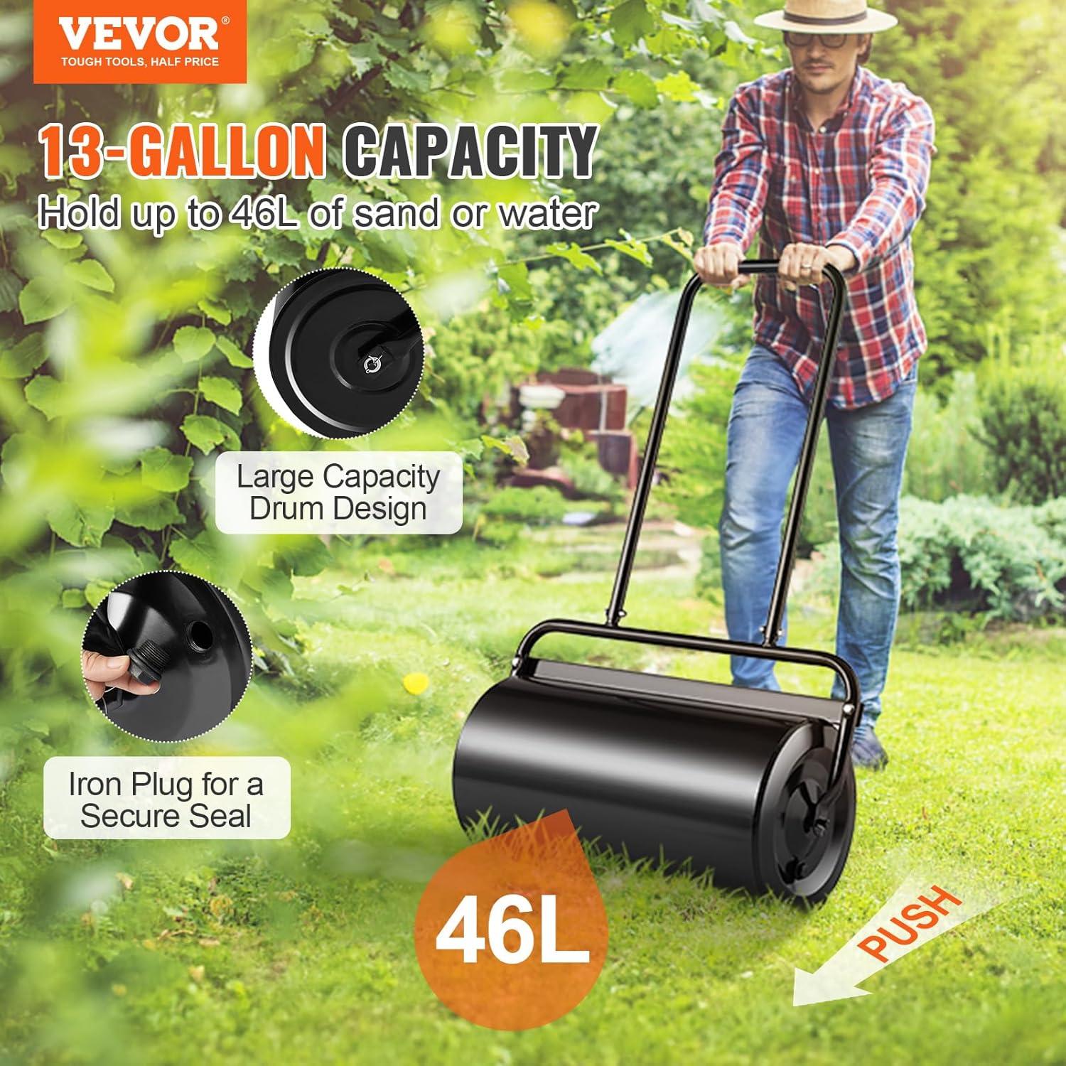 imageVEVOR Lawn Roller 13 Gallon Large Capacity SandWater Filled Heavy Duty Steel Material with EasyTurn Plug and UShaped Ergonomic Handle for Convenient Push and Pull for Garden Farm Park Black13gal