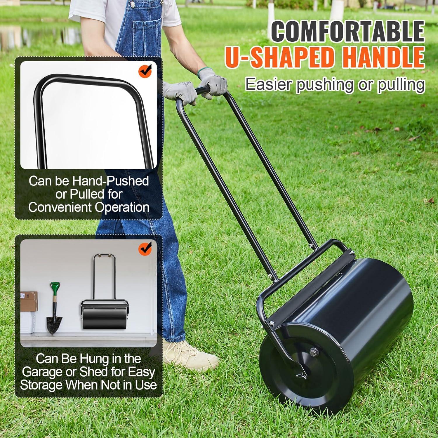 imageVEVOR Lawn Roller 13 Gallon Large Capacity SandWater Filled Heavy Duty Steel Material with EasyTurn Plug and UShaped Ergonomic Handle for Convenient Push and Pull for Garden Farm Park Black13gal