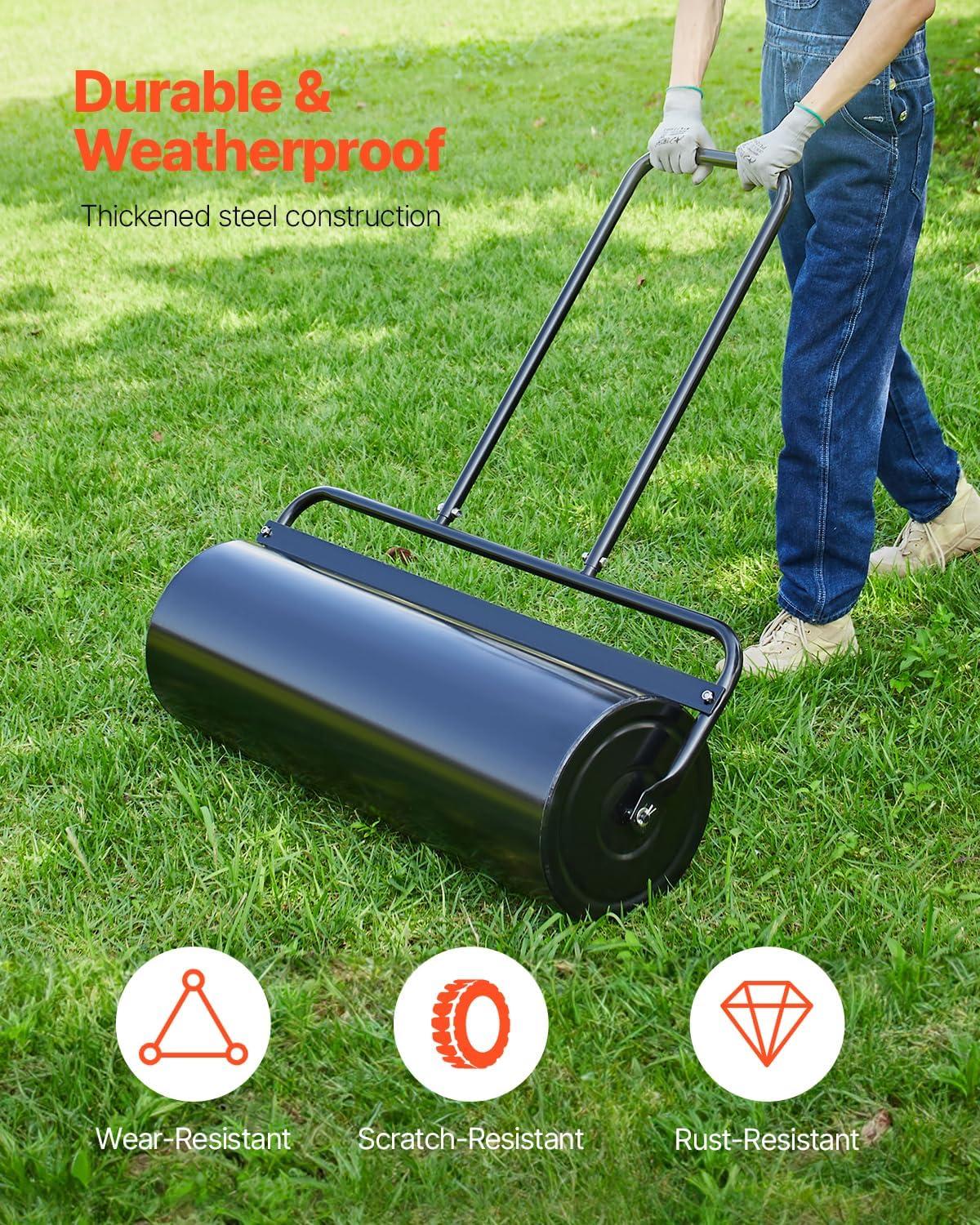 imageVEVOR Lawn Roller 13 Gallon Large Capacity SandWater Filled Heavy Duty Steel Material with EasyTurn Plug and UShaped Ergonomic Handle for Convenient Push and Pull for Garden Farm Park Black17gal