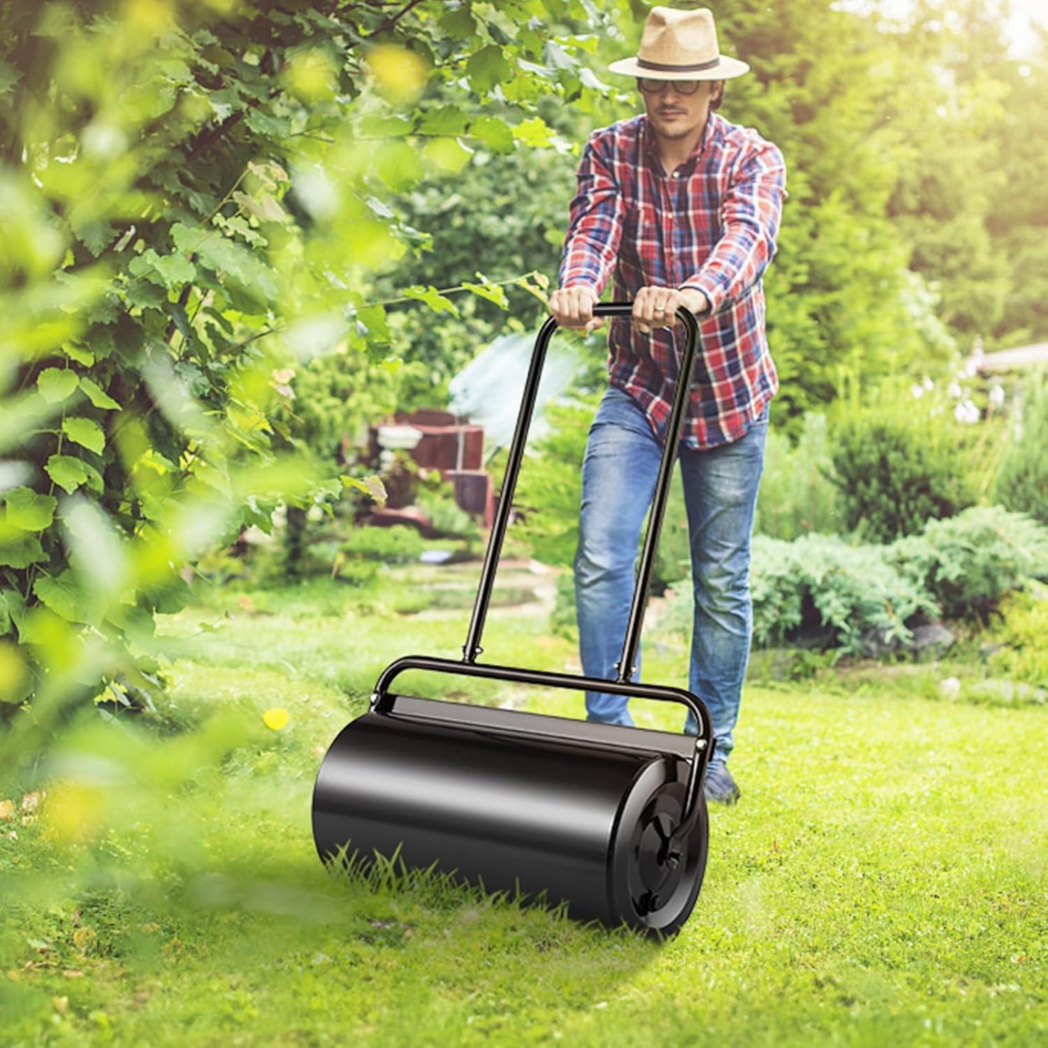 imageVEVOR Lawn Roller 13 Gallon Large Capacity SandWater Filled Heavy Duty Steel Material with EasyTurn Plug and UShaped Ergonomic Handle for Convenient Push and Pull for Garden Farm Park Black13gal