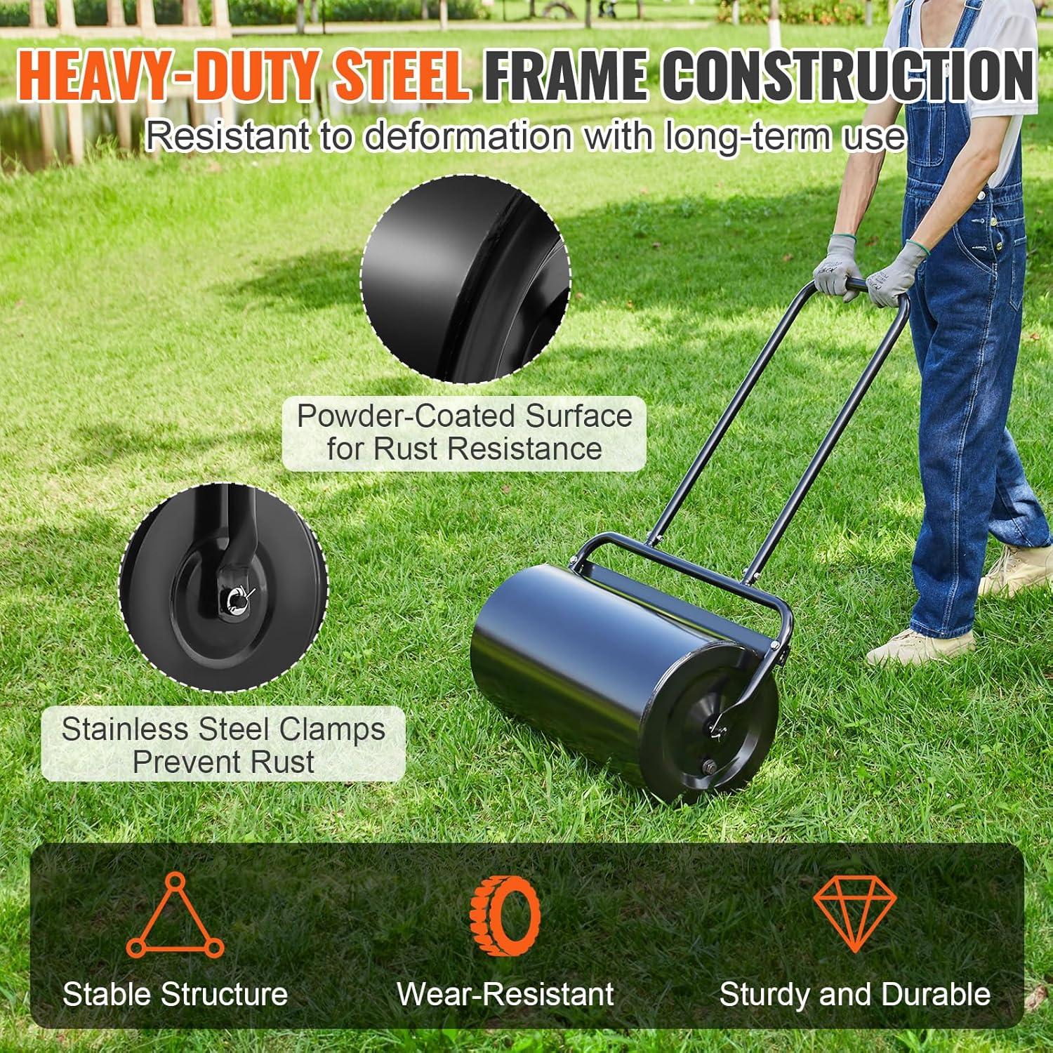 imageVEVOR Lawn Roller 13 Gallon Large Capacity SandWater Filled Heavy Duty Steel Material with EasyTurn Plug and UShaped Ergonomic Handle for Convenient Push and Pull for Garden Farm Park Black13gal