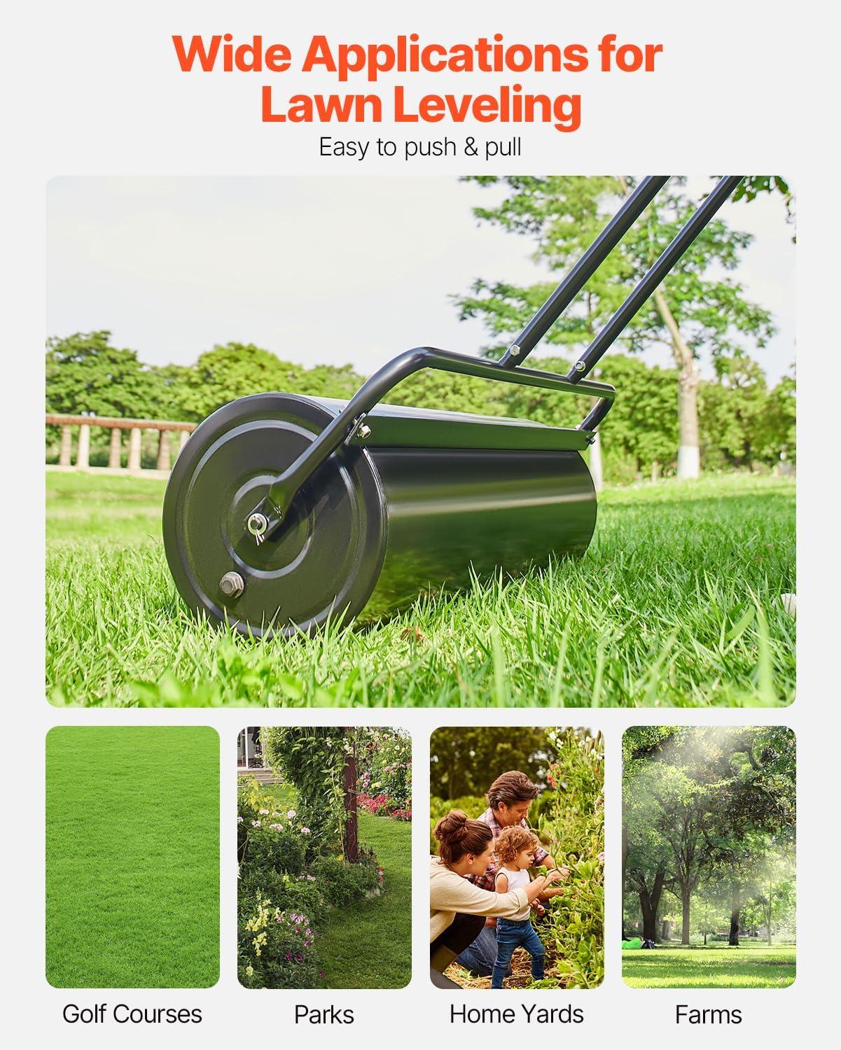 imageVEVOR Lawn Roller 13 Gallon Large Capacity SandWater Filled Heavy Duty Steel Material with EasyTurn Plug and UShaped Ergonomic Handle for Convenient Push and Pull for Garden Farm Park Black17gal