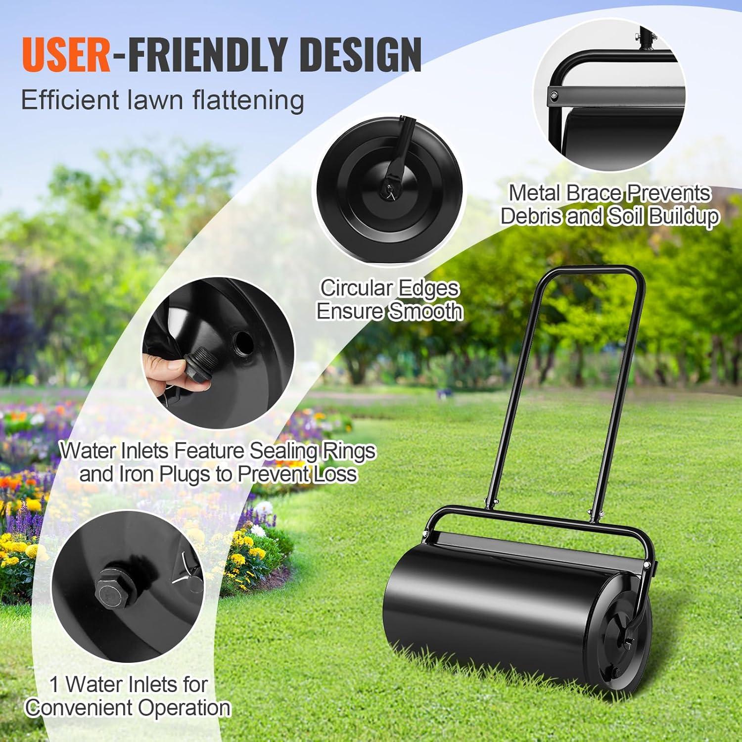 imageVEVOR Lawn Roller 13 Gallon Large Capacity SandWater Filled Heavy Duty Steel Material with EasyTurn Plug and UShaped Ergonomic Handle for Convenient Push and Pull for Garden Farm Park Black13gal
