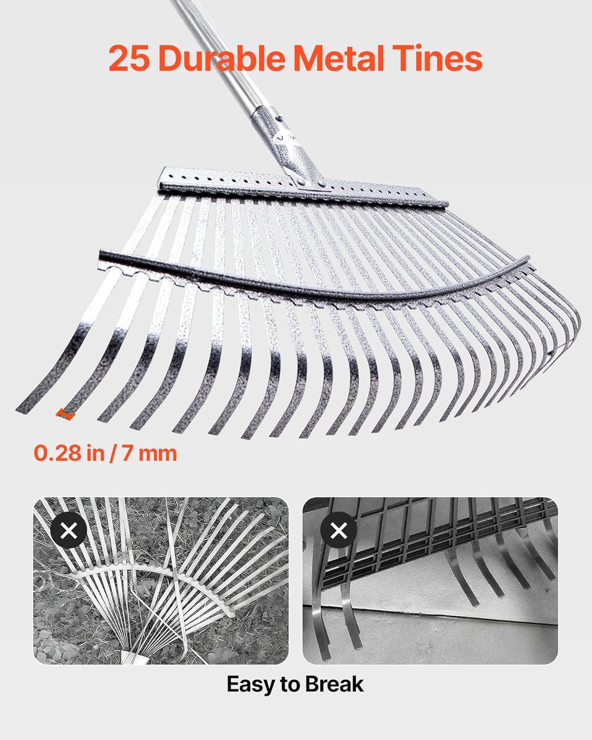 imageVEVOR Leaf Rake 25 Metal Tines Adjustable Garden Rake for Lawns with 183 Inch Wide Head ampamp 364728 Inch Long Handle Heavy Duty Stainless Steel Small Leaves Tool for Gardening Camping Yard Grass18in width